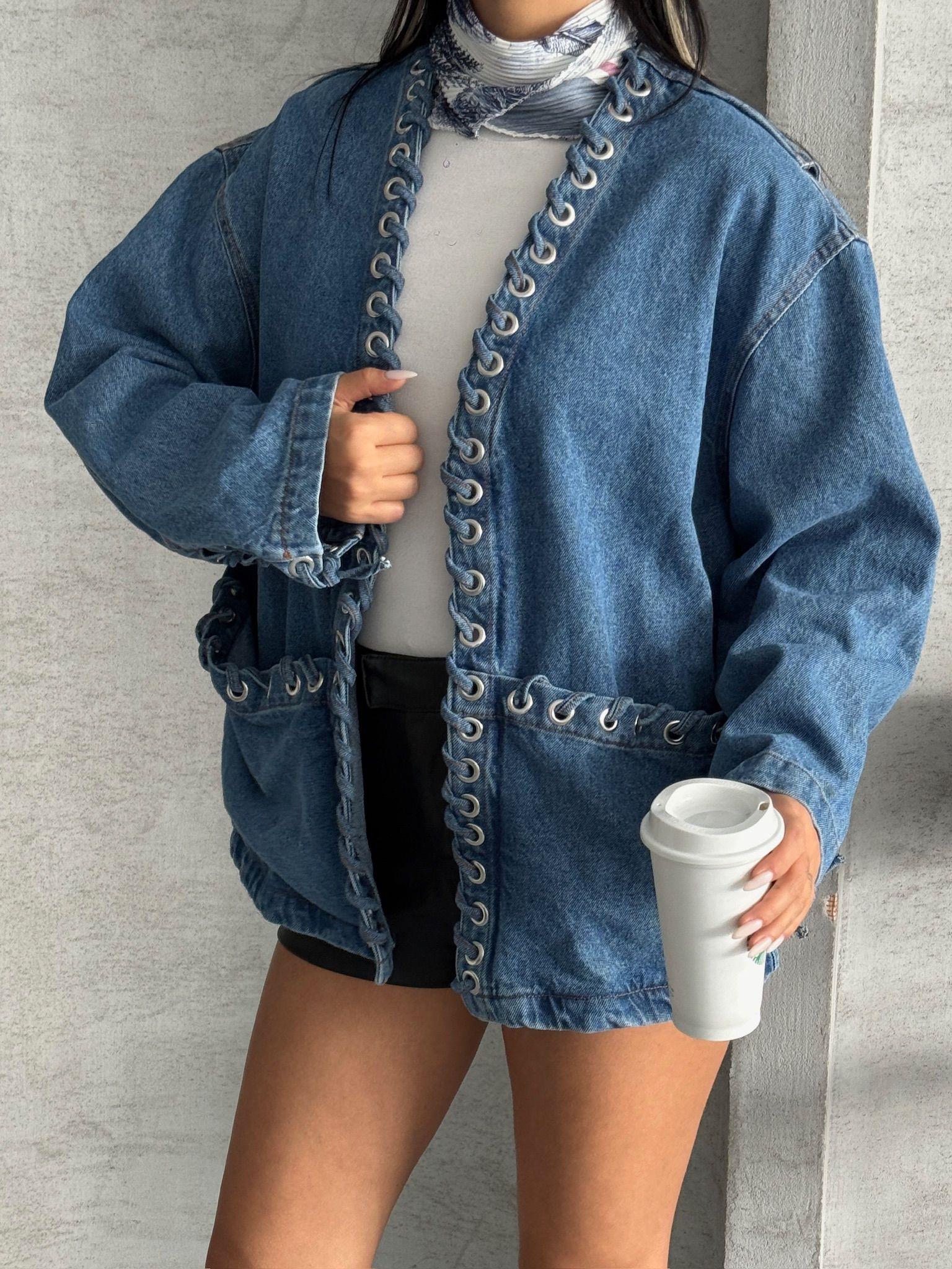 Kuşgözlü Oversize Denim Ceket