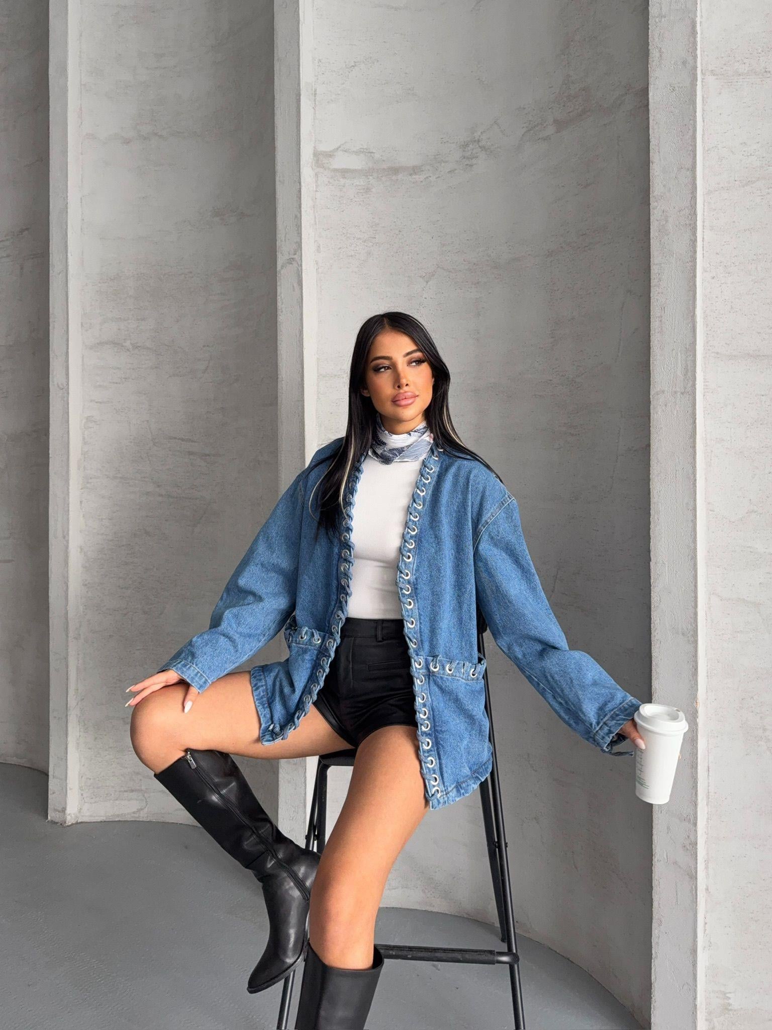Kuşgözlü Oversize Denim Ceket