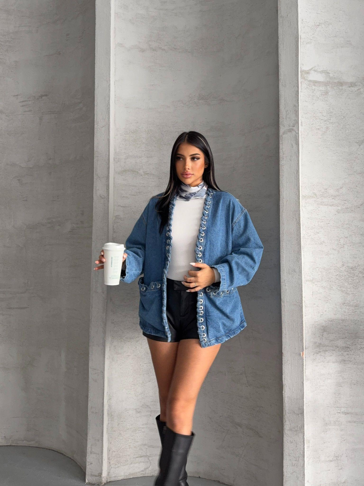 Kuşgözlü Oversize Denim Ceket