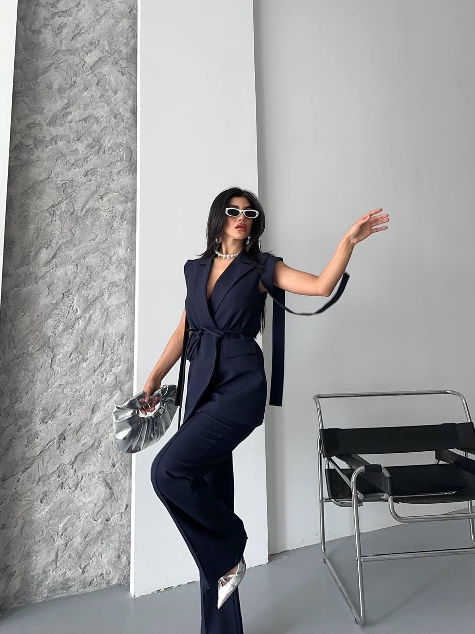 Lacivert Bağlamalı Yelek Pantolon Blazer Takım
