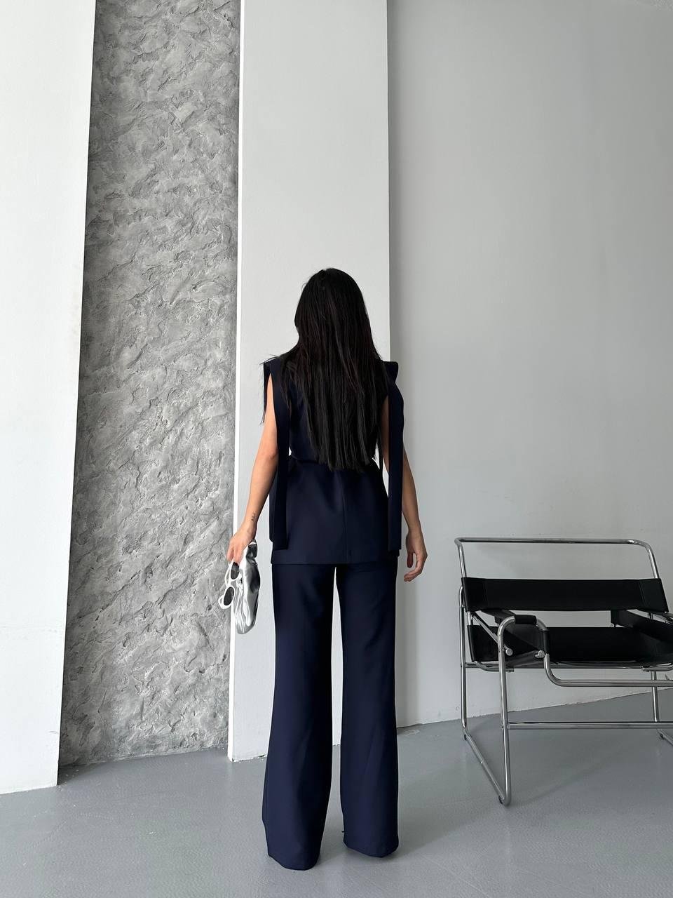 Lacivert Bağlamalı Yelek Pantolon Blazer Takım