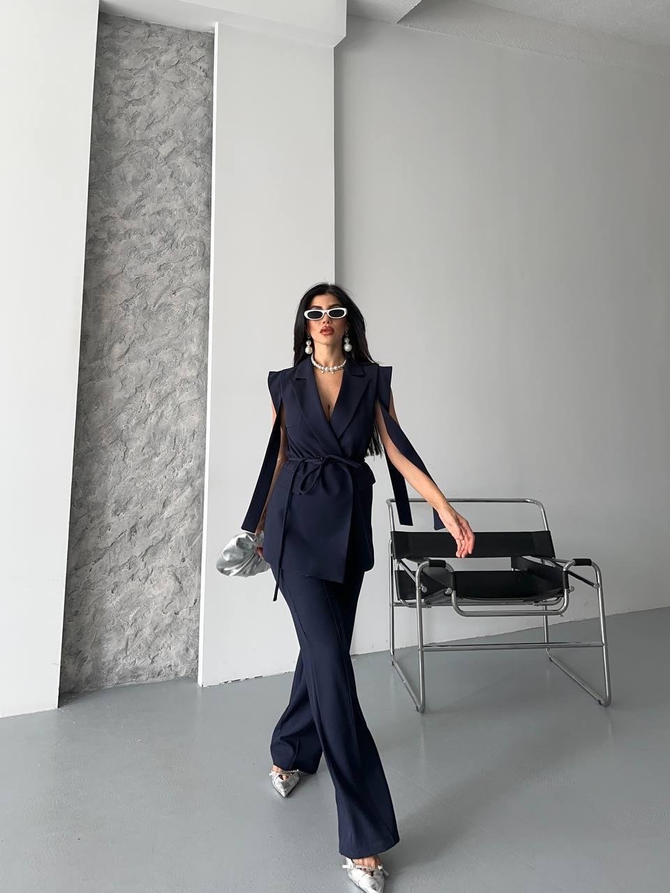Lacivert Bağlamalı Yelek Pantolon Blazer Takım