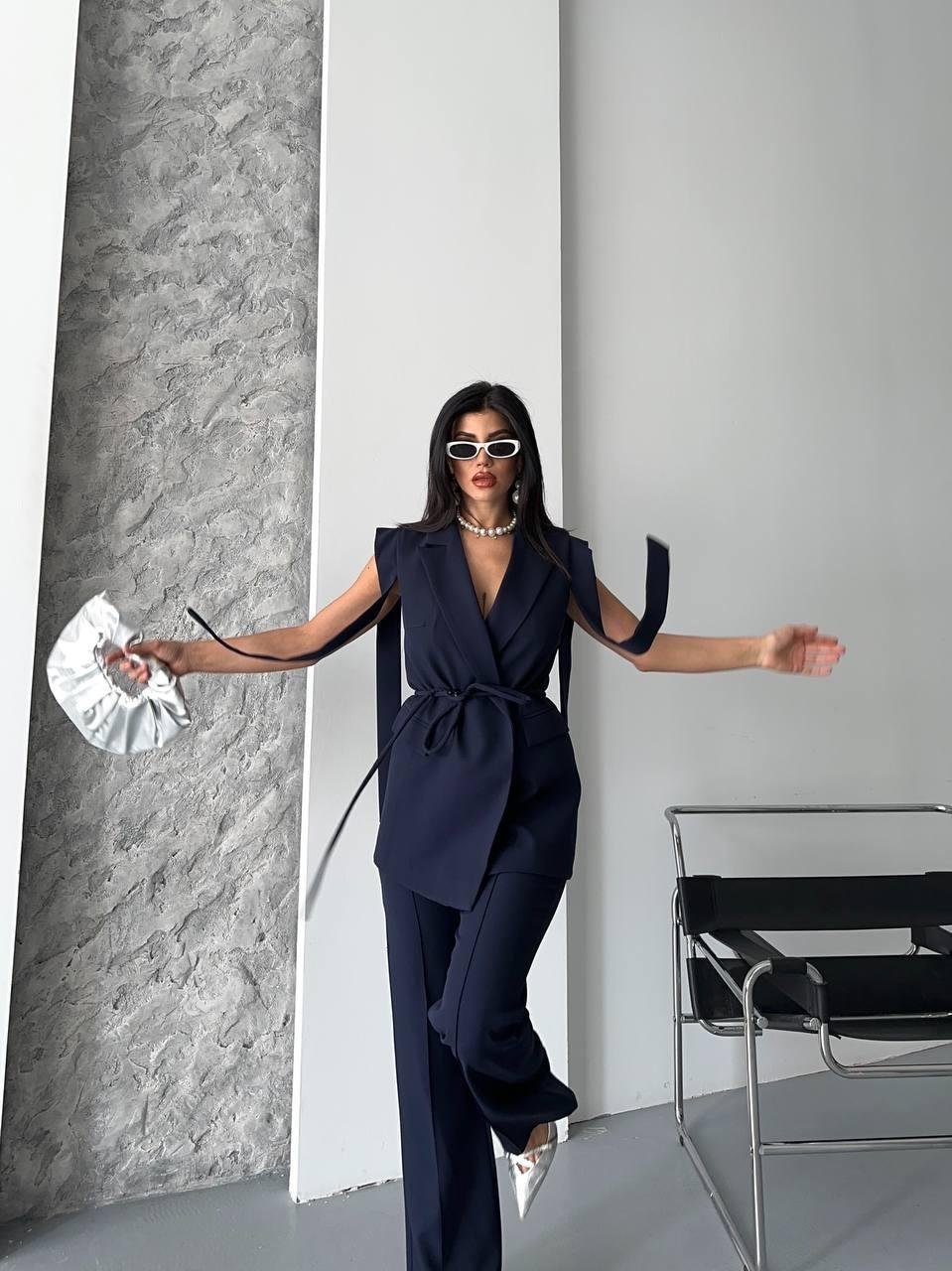 Lacivert Bağlamalı Yelek Pantolon Blazer Takım