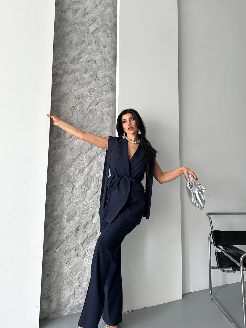 Lacivert Bağlamalı Yelek Pantolon Blazer Takım