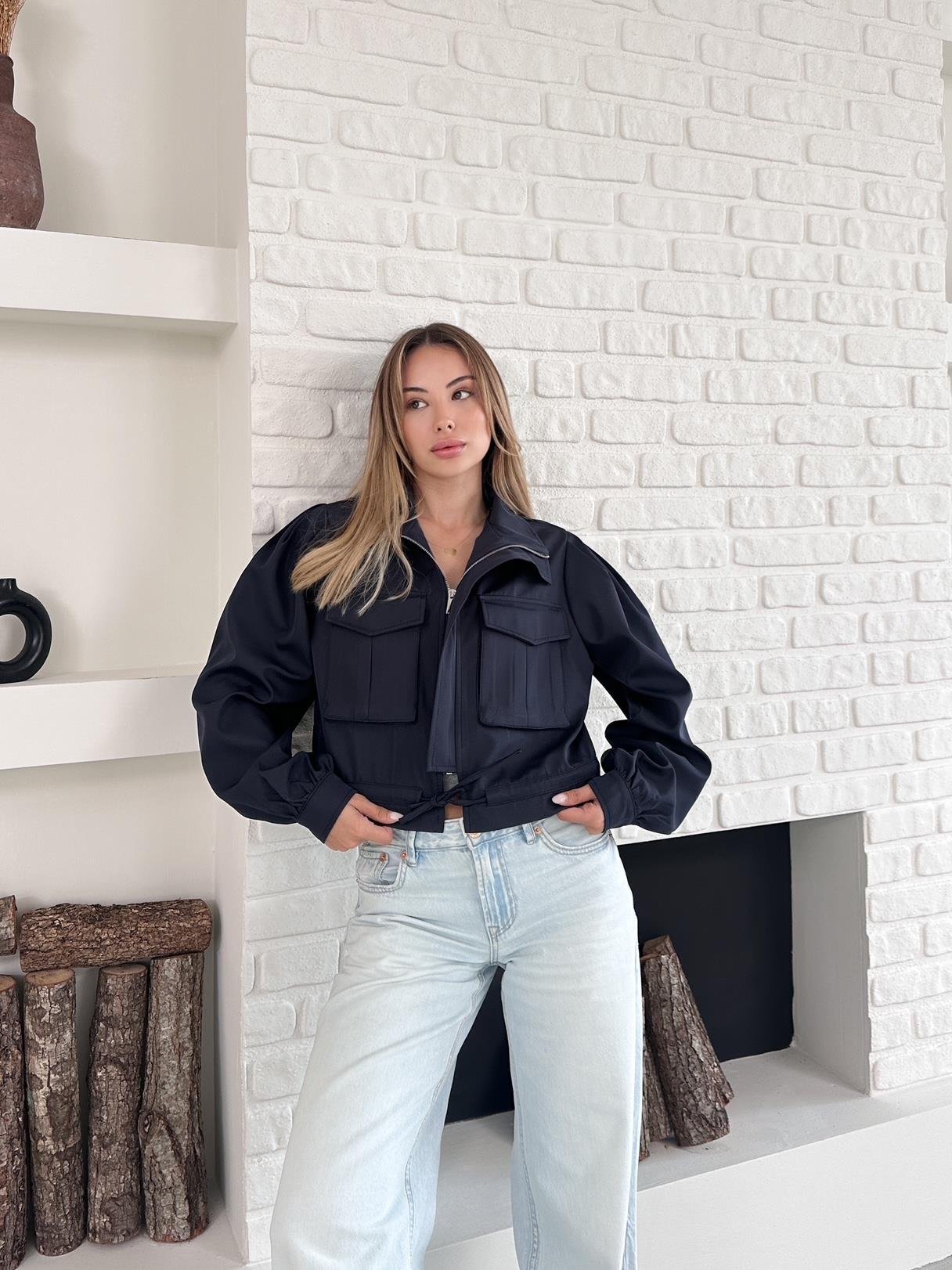 Lacivert Bondit Cepli Crop Ceket