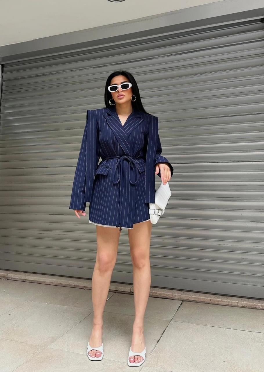 Lacivert Çizgili Bağlamalı Blazer Ceket