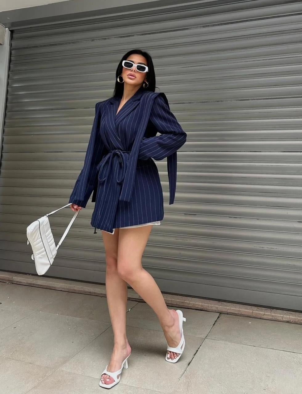 Lacivert Çizgili Bağlamalı Blazer Ceket