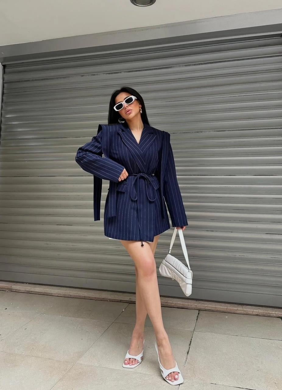 Lacivert Çizgili Bağlamalı Blazer Ceket