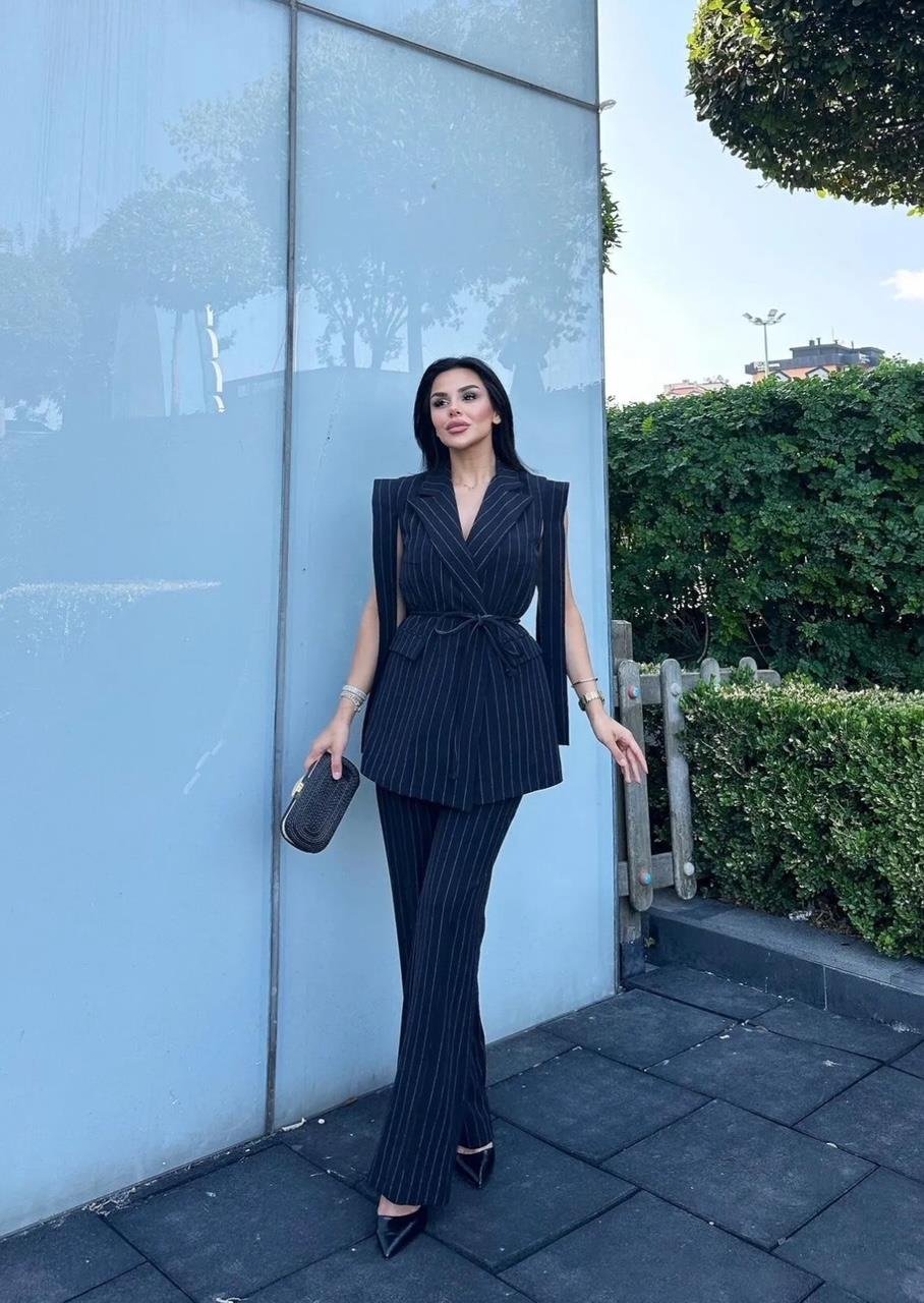 Lacivert Çizgili Bağlamalı Yelek Pantolon Blazer Takım
