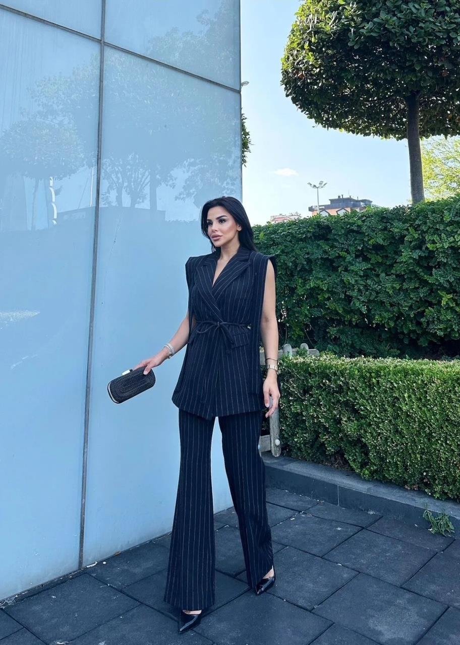 Lacivert Çizgili Bağlamalı Yelek Pantolon Blazer Takım