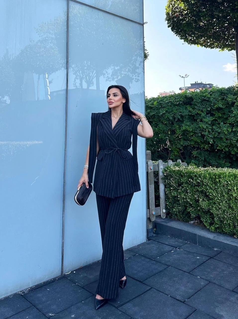 Lacivert Çizgili Bağlamalı Yelek Pantolon Blazer Takım