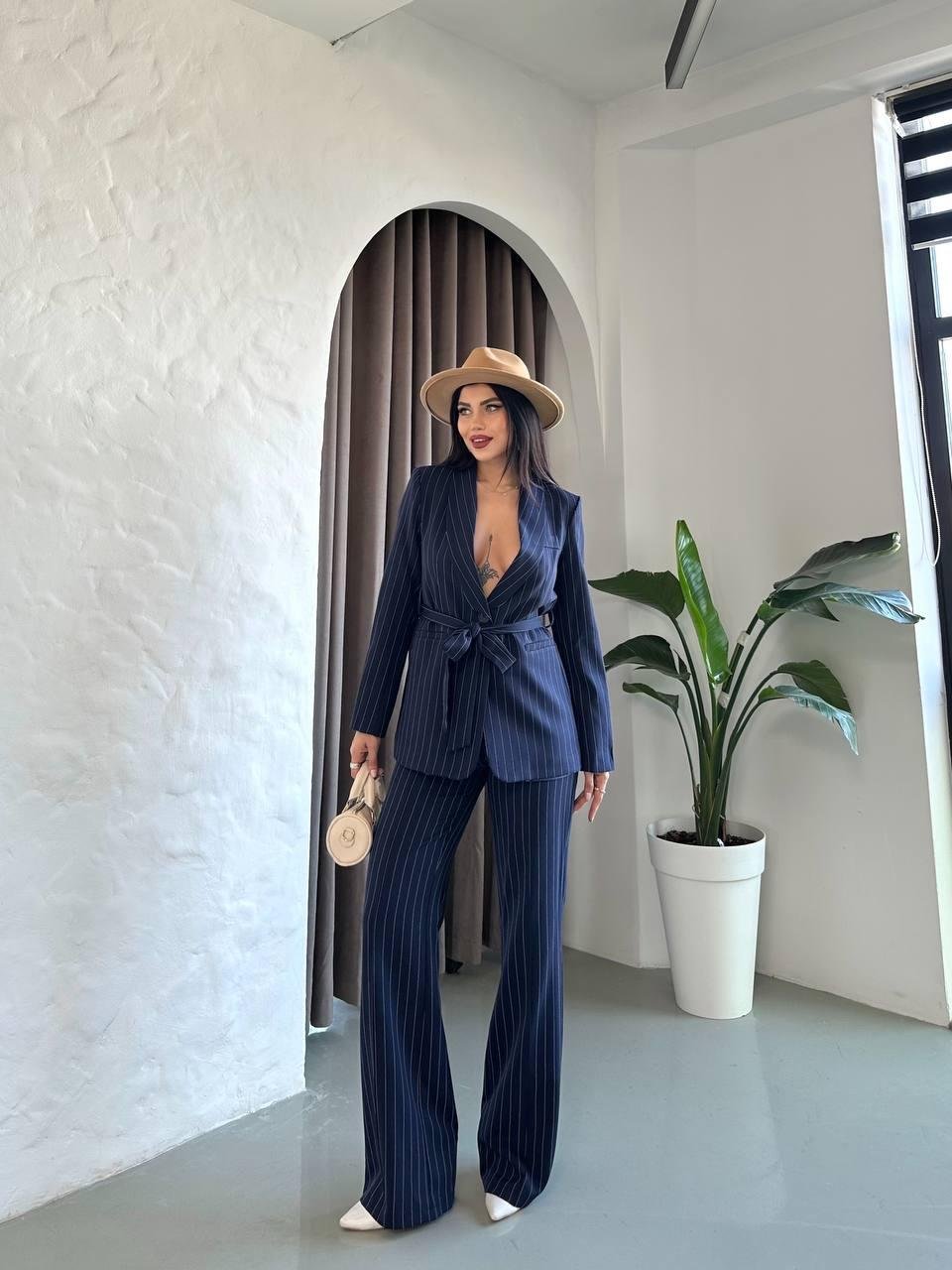 Lacivert-Çizgili Kuşaklı Bağlamalı Ceket Pantolon Blazer Takım