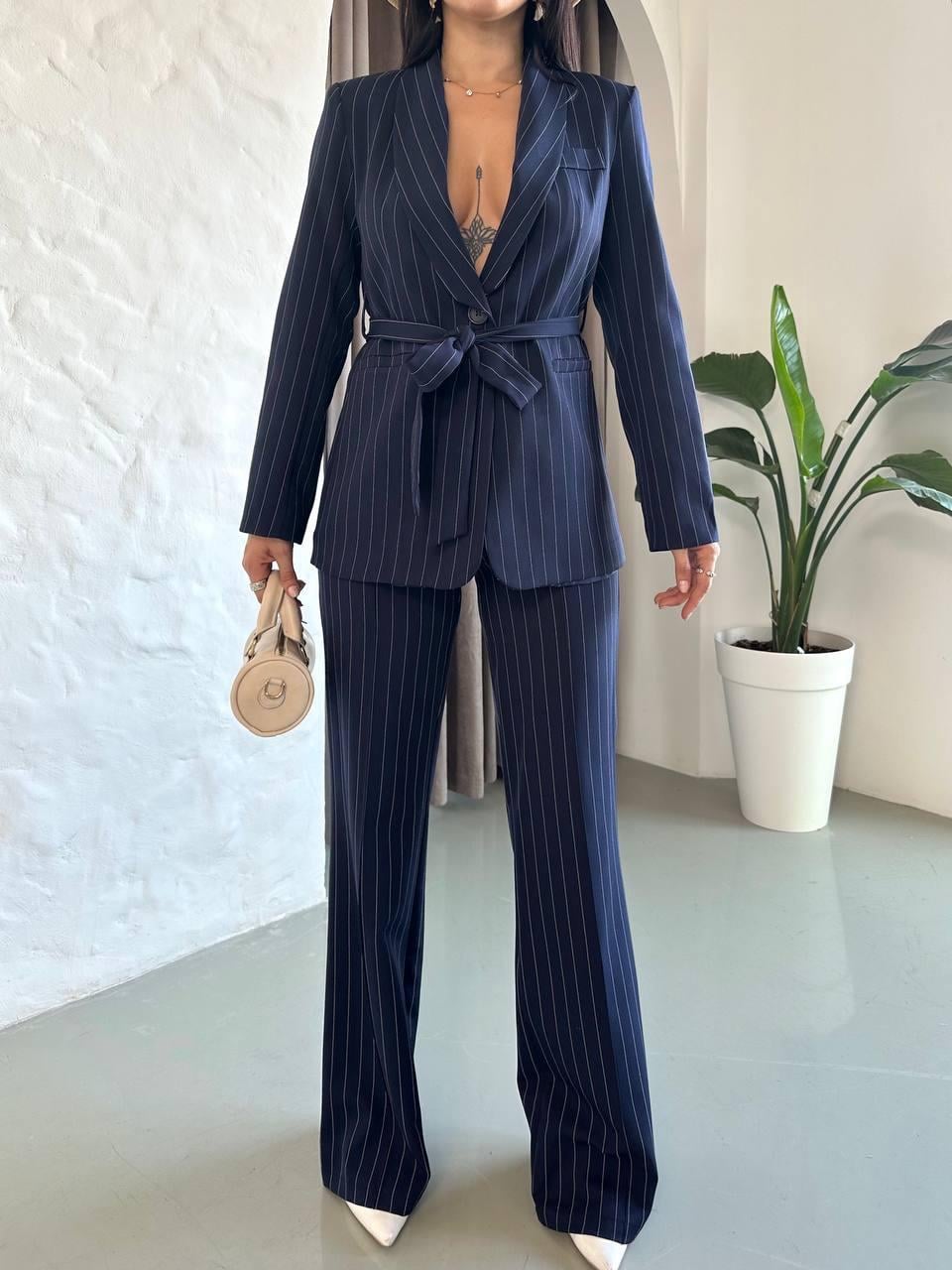Lacivert-Çizgili Kuşaklı Bağlamalı Ceket Pantolon Blazer Takım
