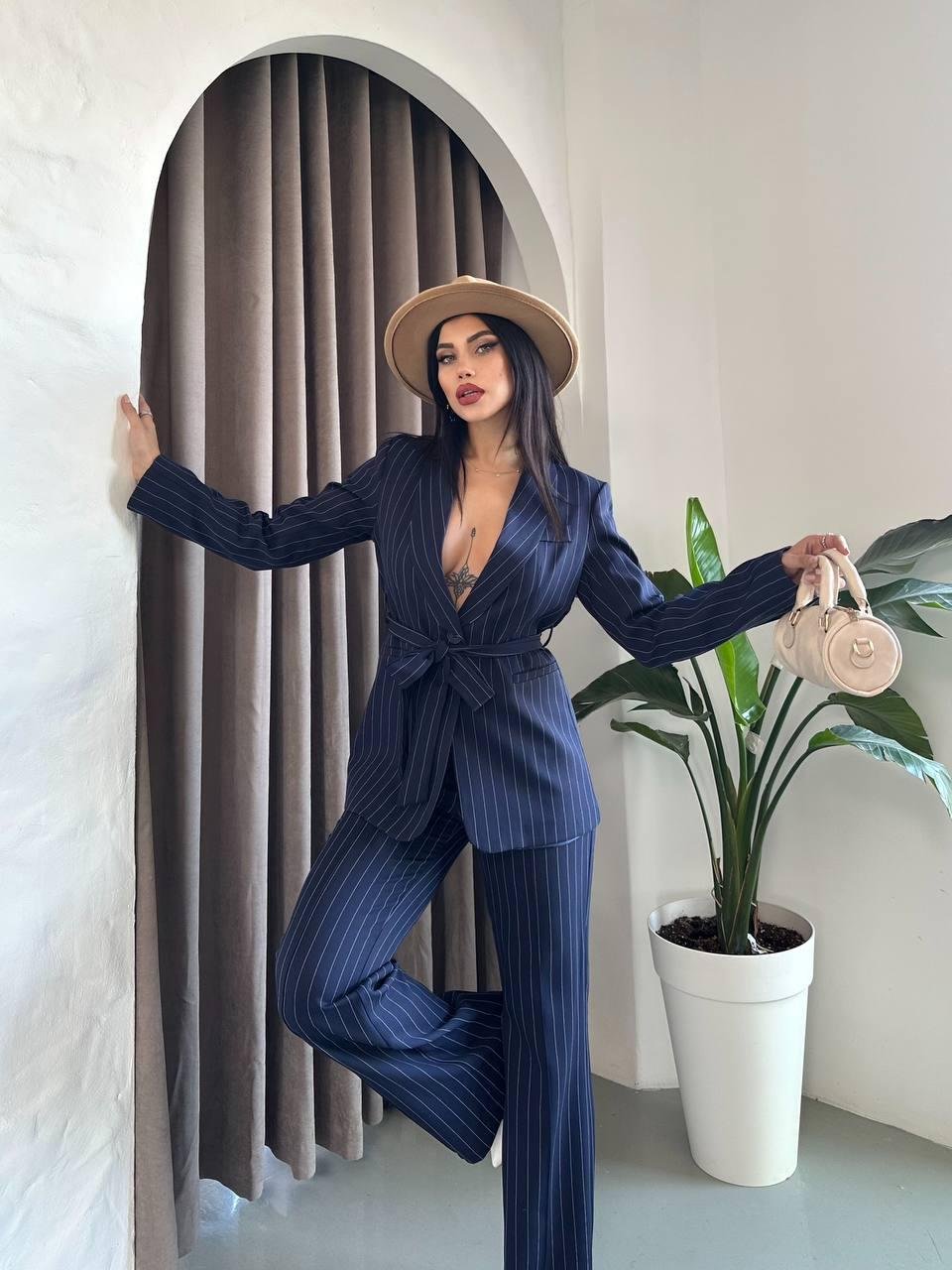 Lacivert-Çizgili Kuşaklı Bağlamalı Ceket Pantolon Blazer Takım