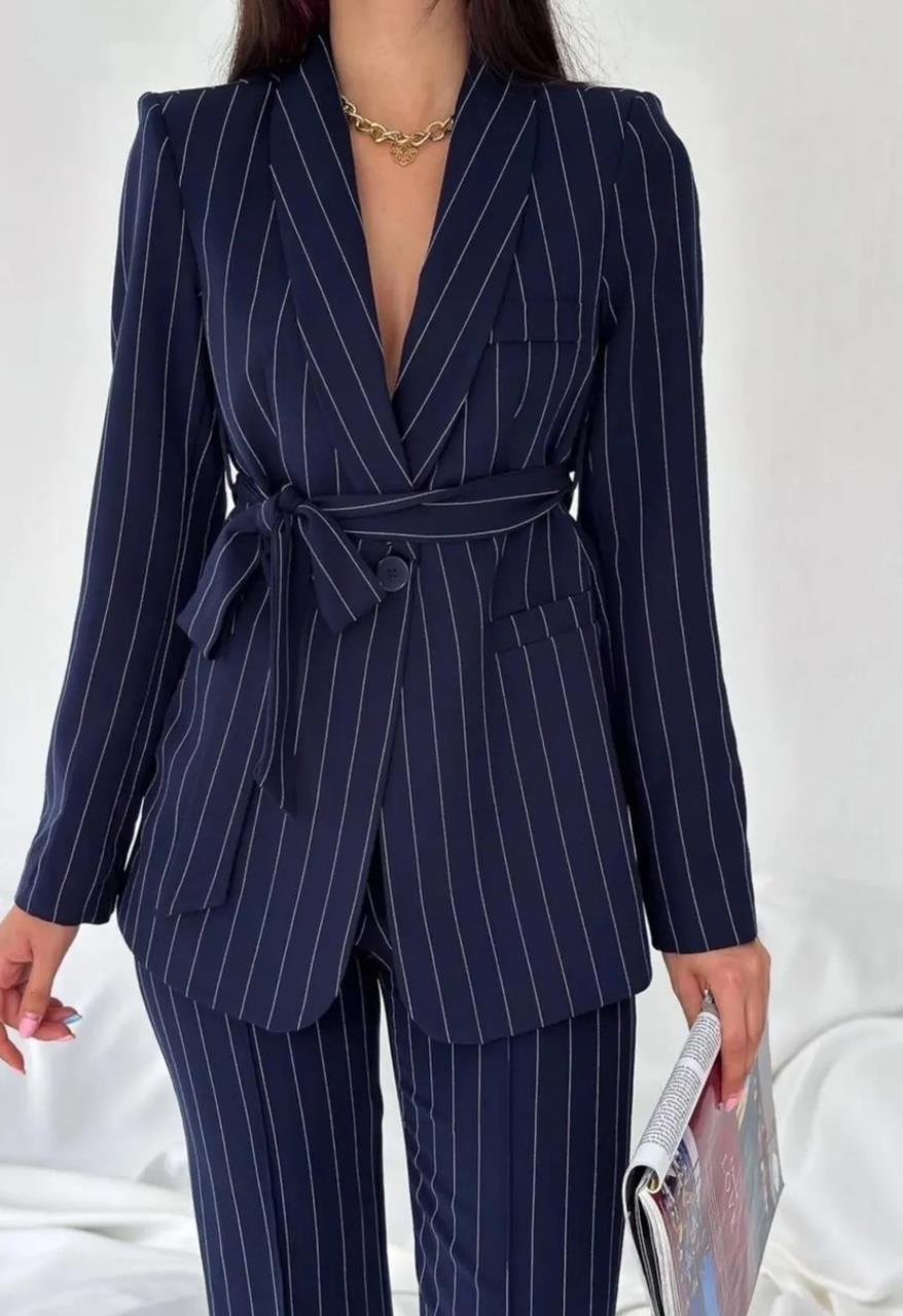 Lacivert Çizgili Kuşaklı Blazer Takım