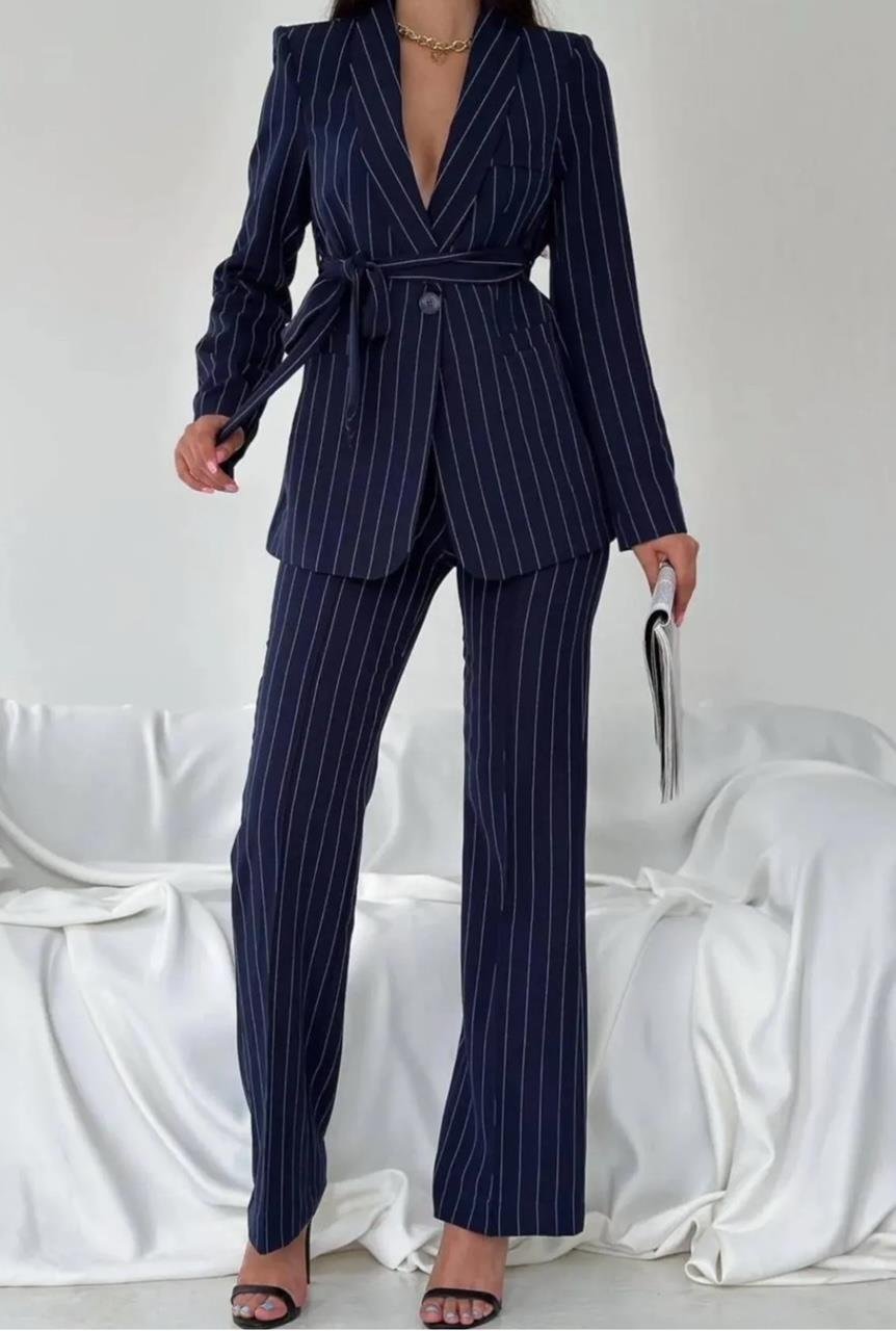 Lacivert Çizgili Kuşaklı Blazer Takım