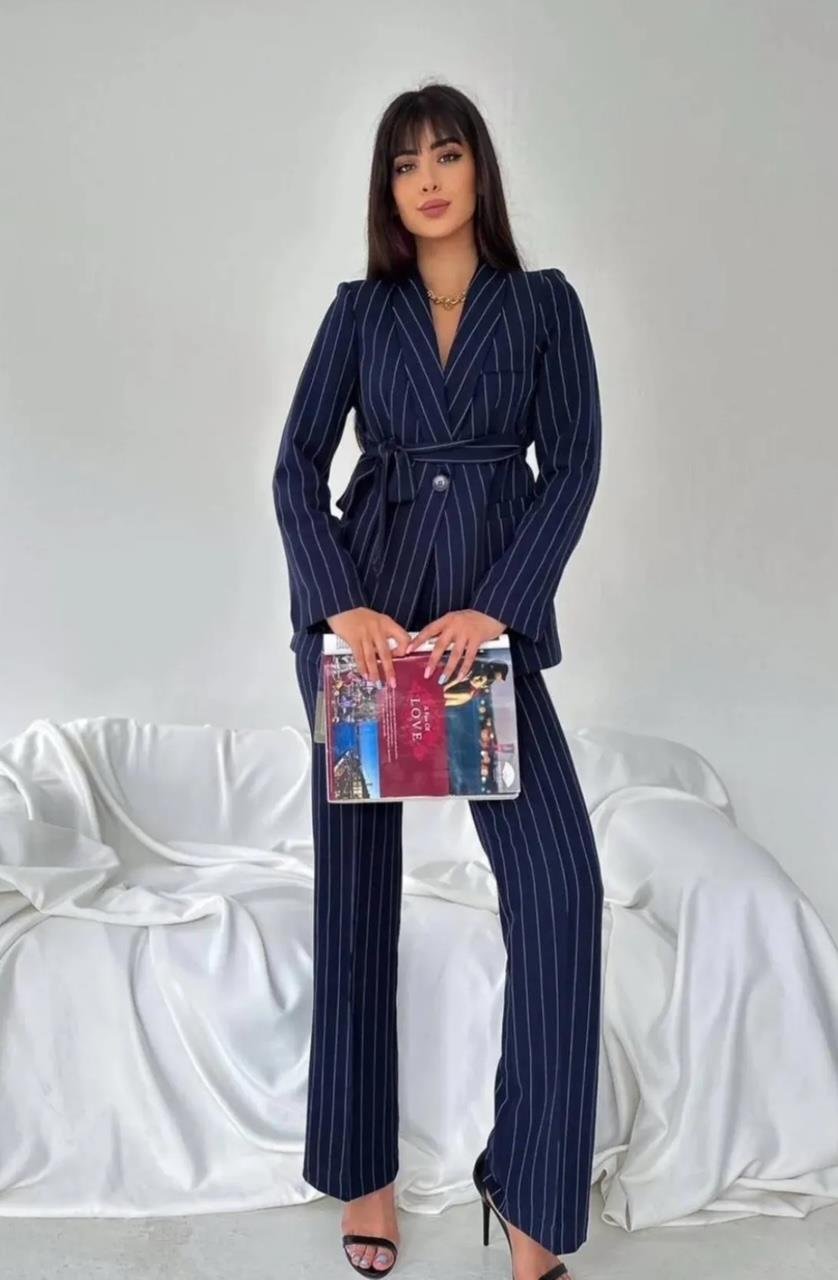 Lacivert Çizgili Kuşaklı Blazer Takım