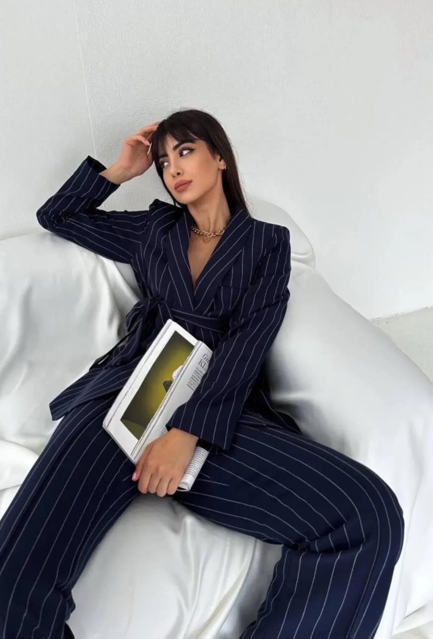 Lacivert Çizgili Kuşaklı Blazer Takım
