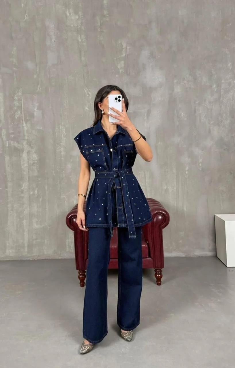 Lacivert Droplu Yelek Pantolon Denim Takım