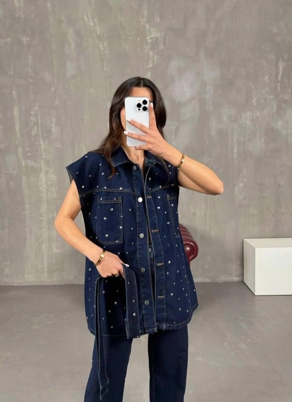 Lacivert Droplu Yelek Pantolon Denim Takım