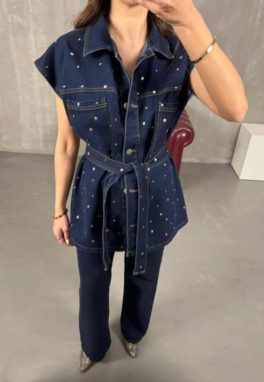 Lacivert Droplu Yelek Pantolon Denim Takım