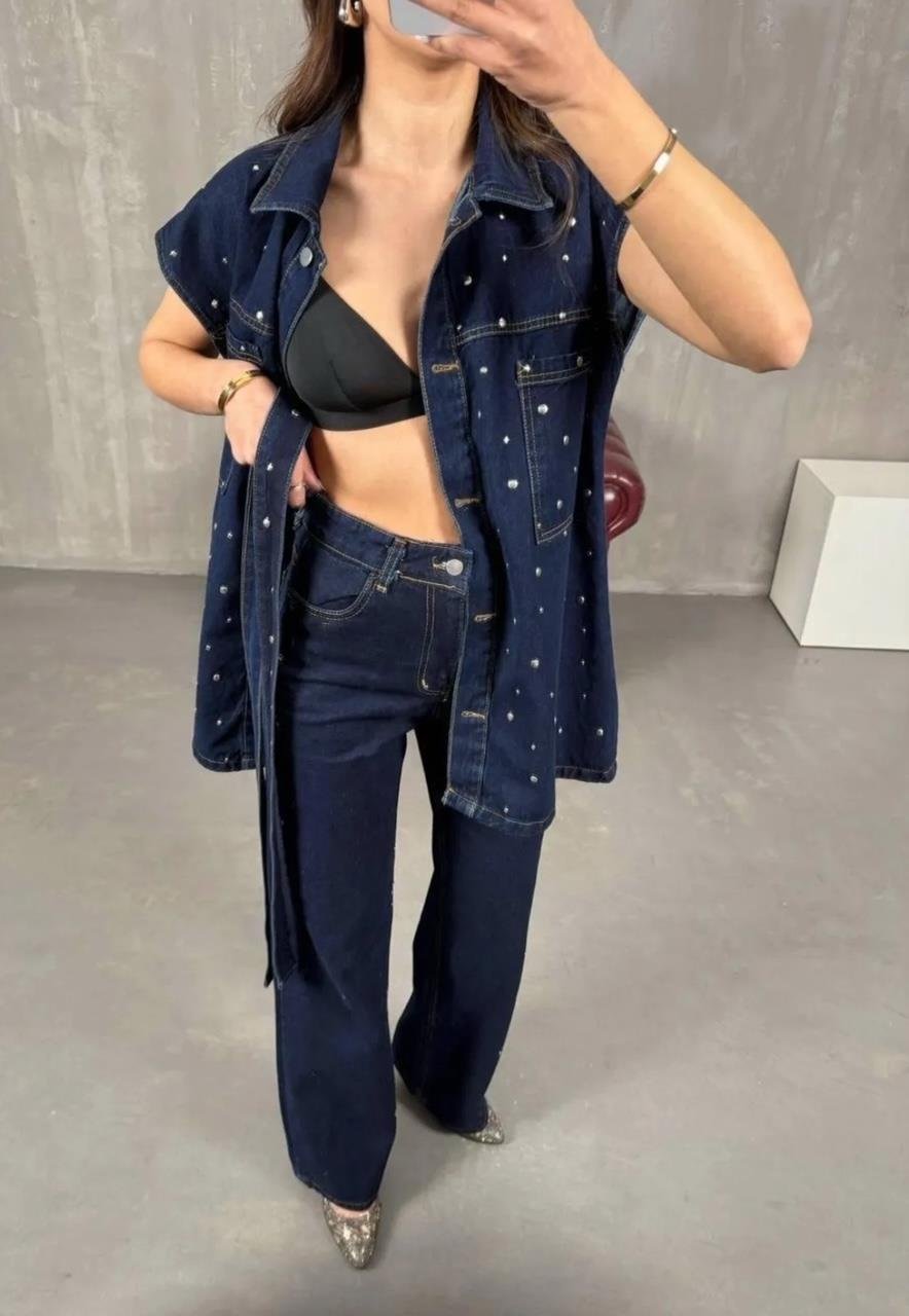 Lacivert Droplu Yelek Pantolon Denim Takım