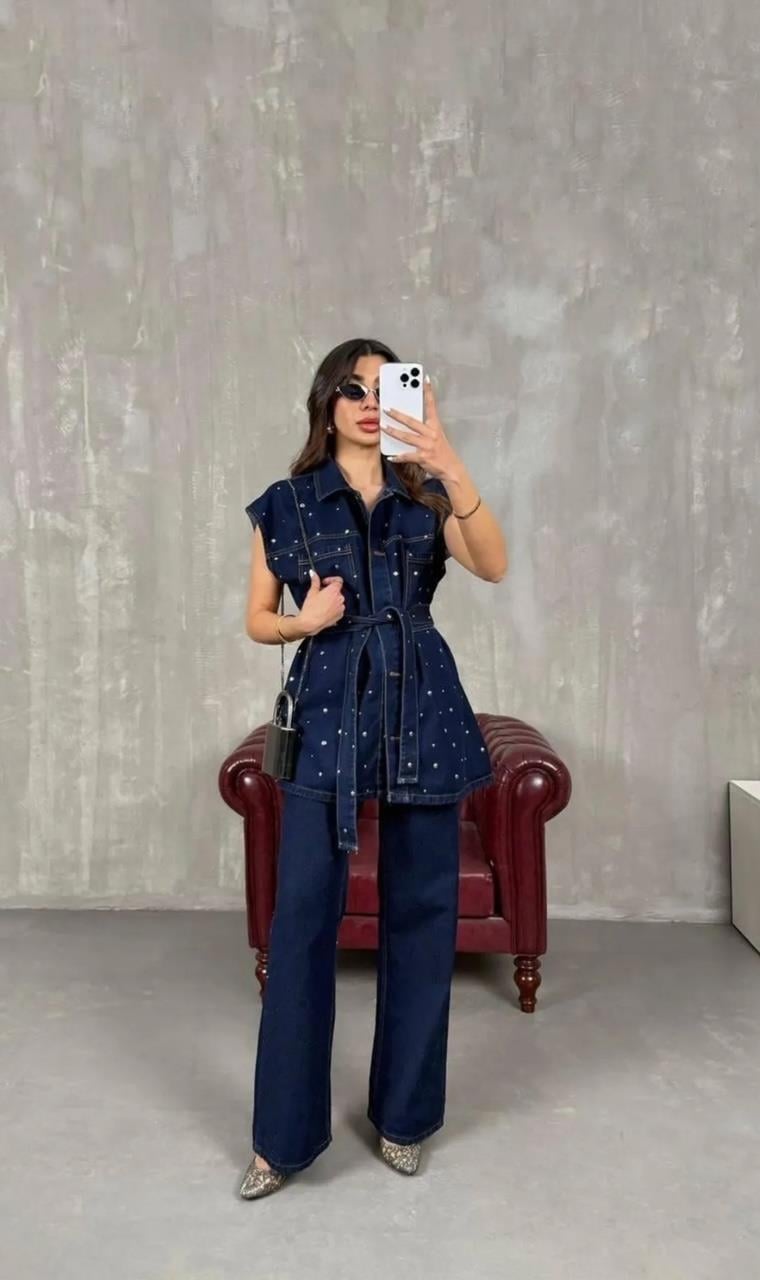 Lacivert Droplu Yelek Pantolon Denim Takım