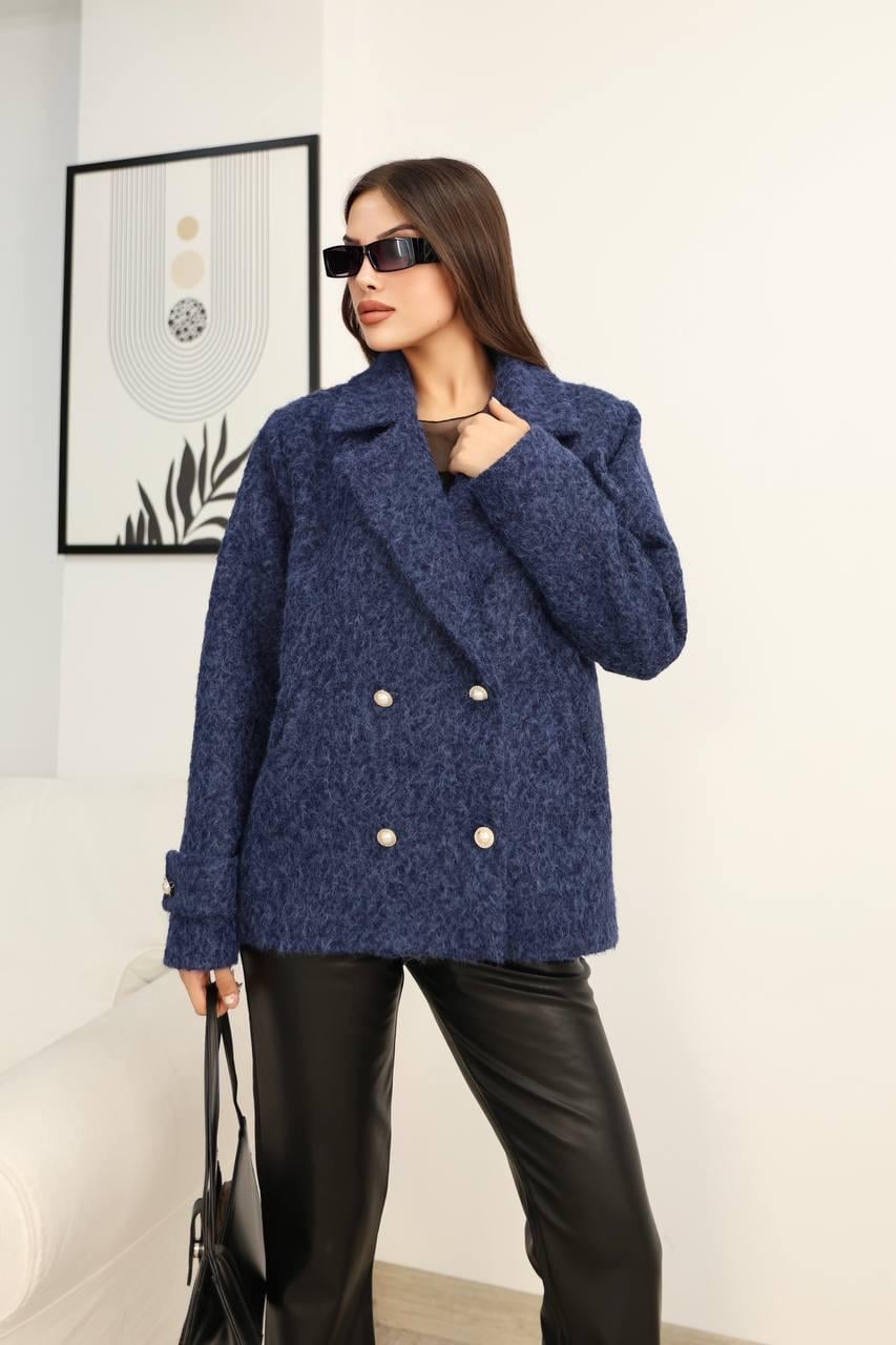 Lacivert Düğmeli Buklet Blazer Ceket