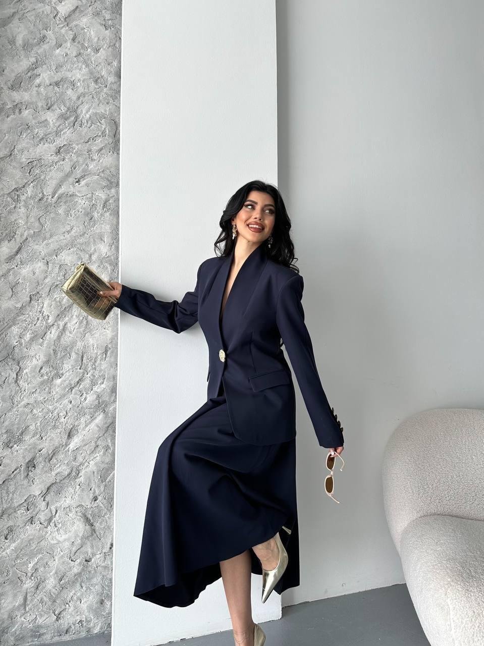 Lacivert Gold Düğmeli Ceket Etek Blazer Takım