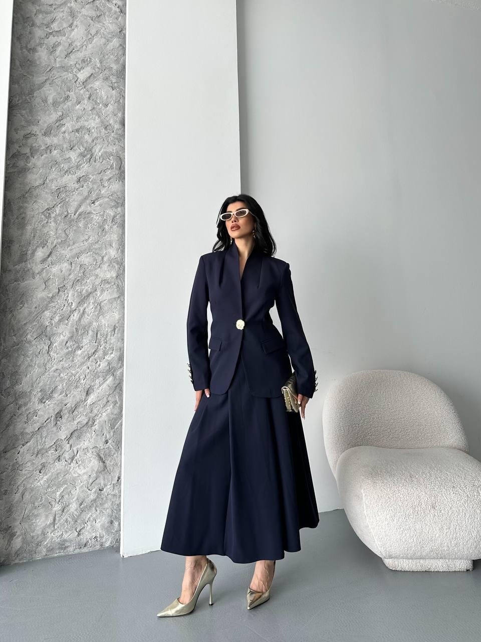 Lacivert Gold Düğmeli Ceket Etek Blazer Takım