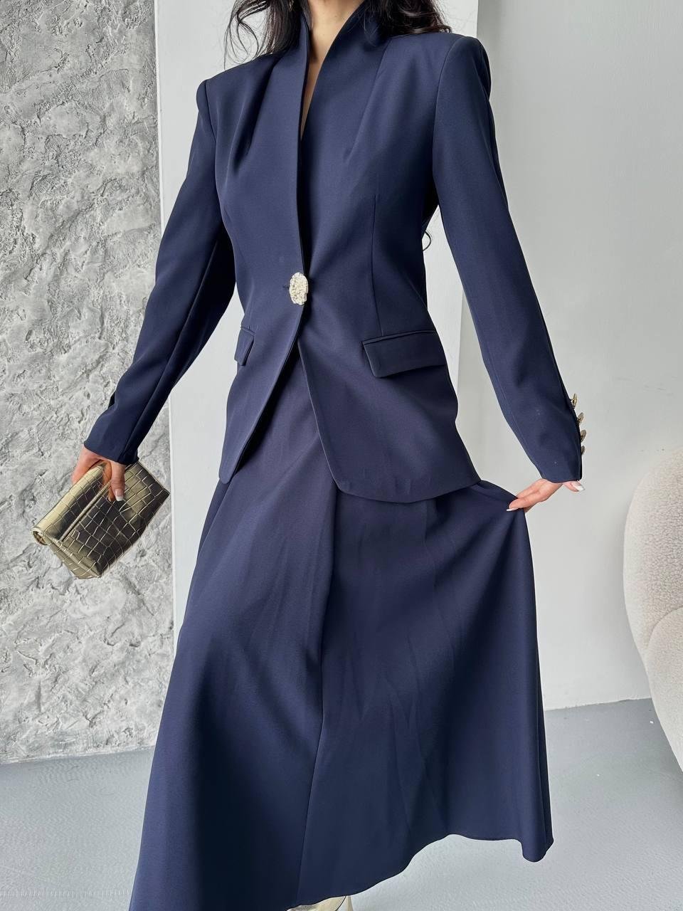 Lacivert Gold Düğmeli Ceket Etek Blazer Takım