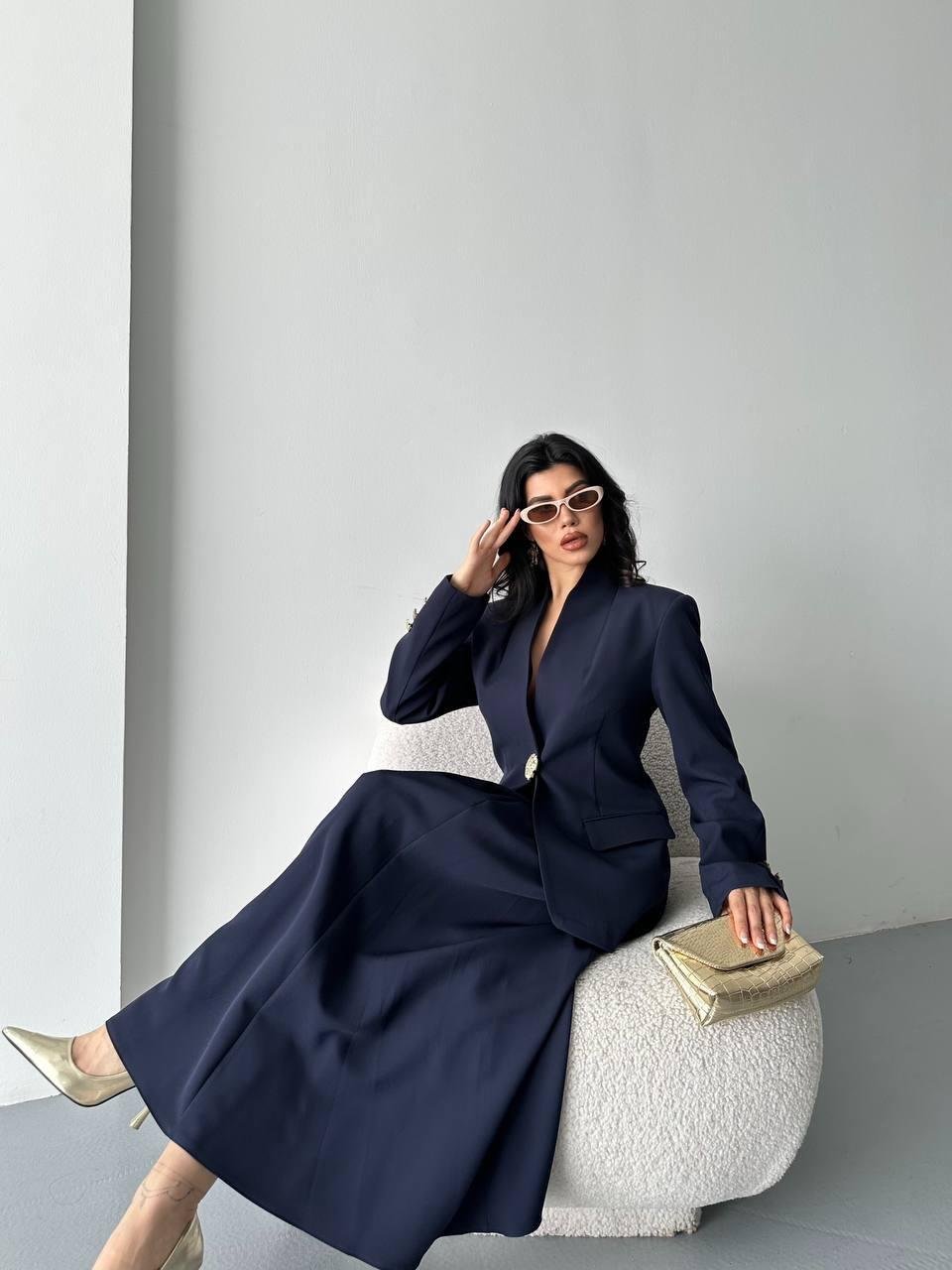 Lacivert Gold Düğmeli Ceket Etek Blazer Takım