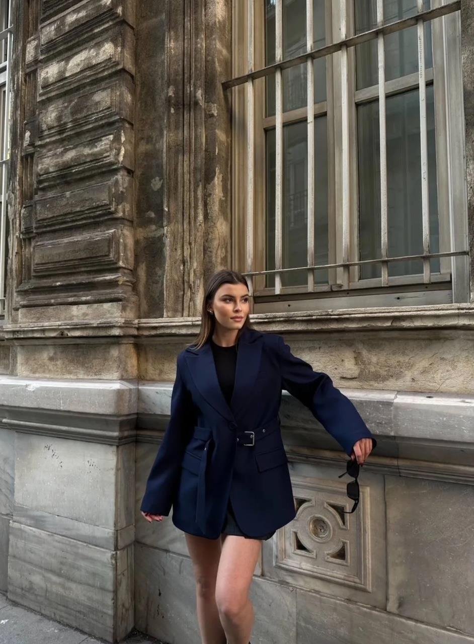 Lacivert Kemerli Blazer Ceket