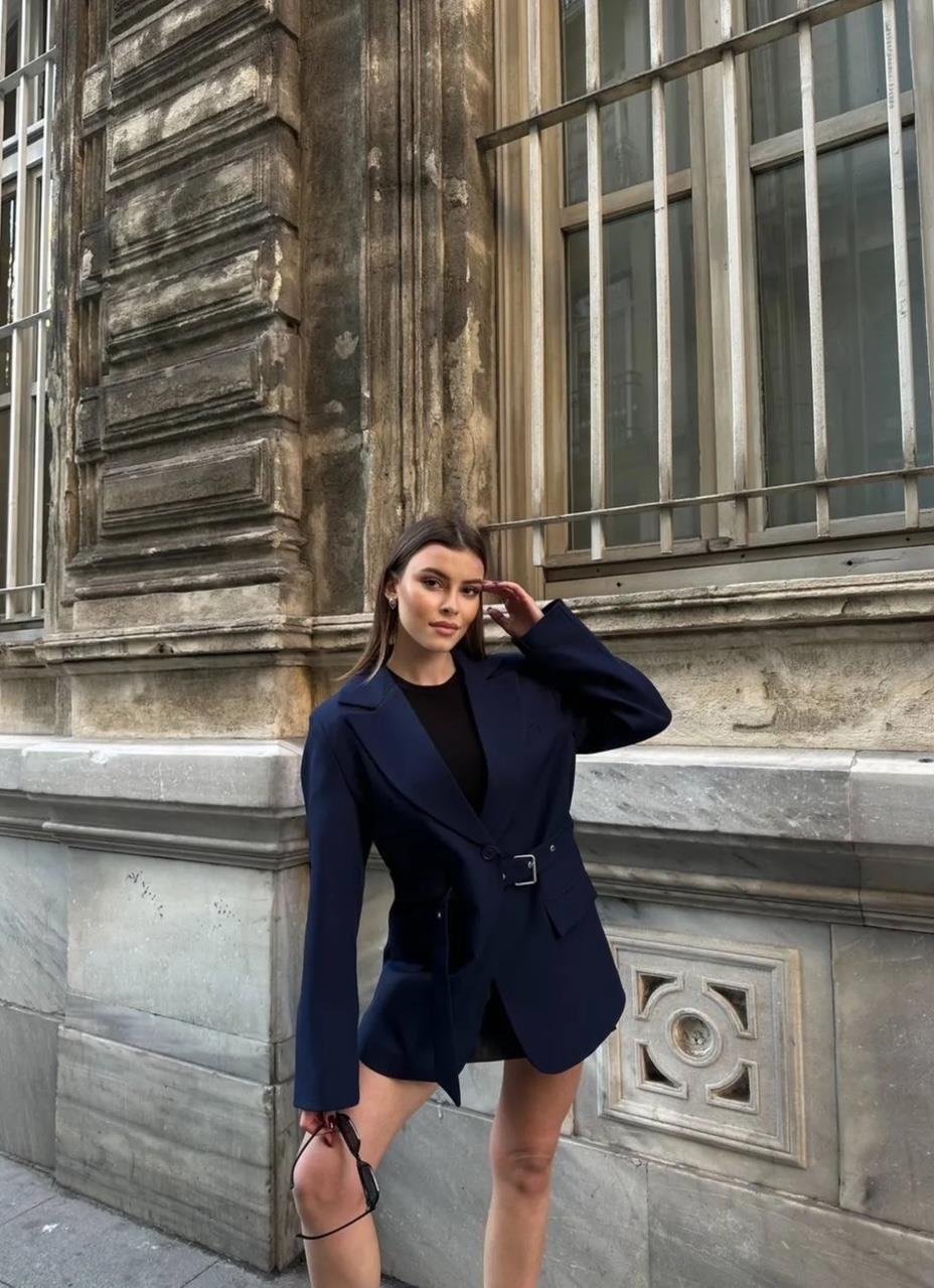 Lacivert Kemerli Blazer Ceket