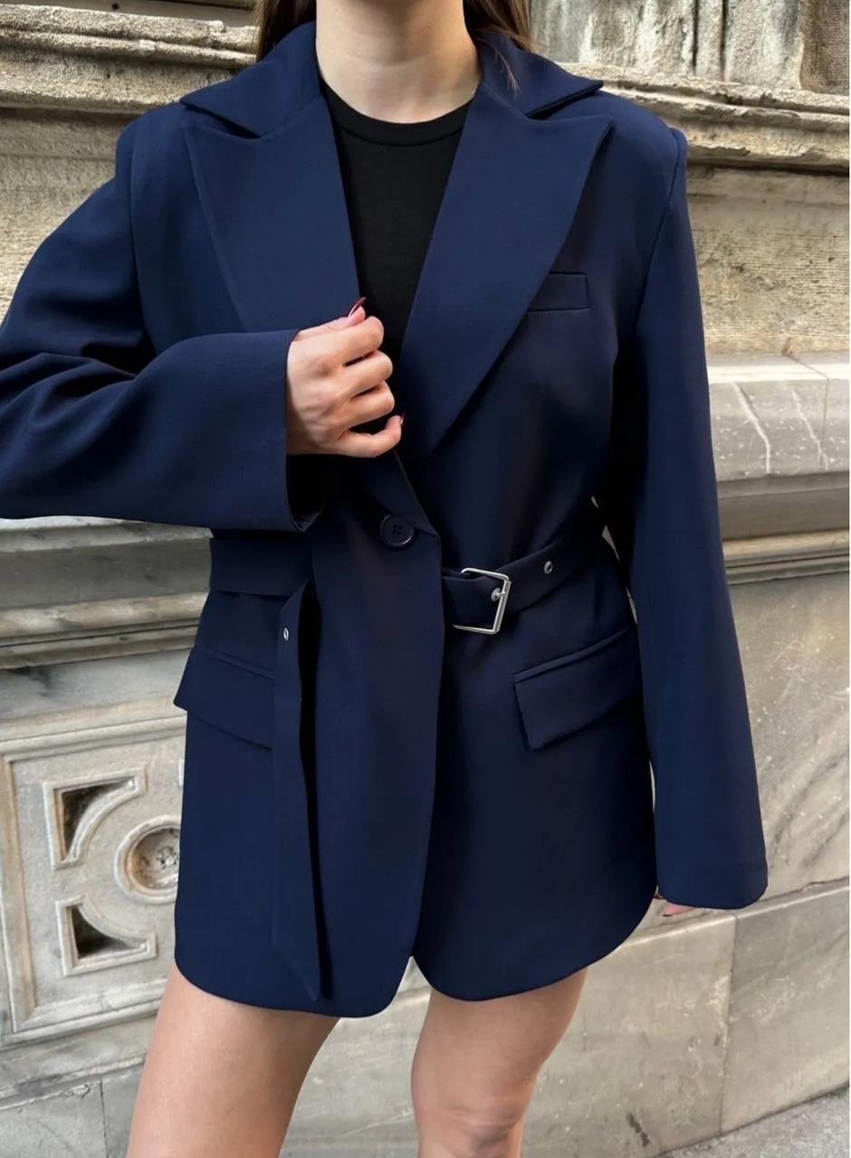 Lacivert Kemerli Blazer Ceket