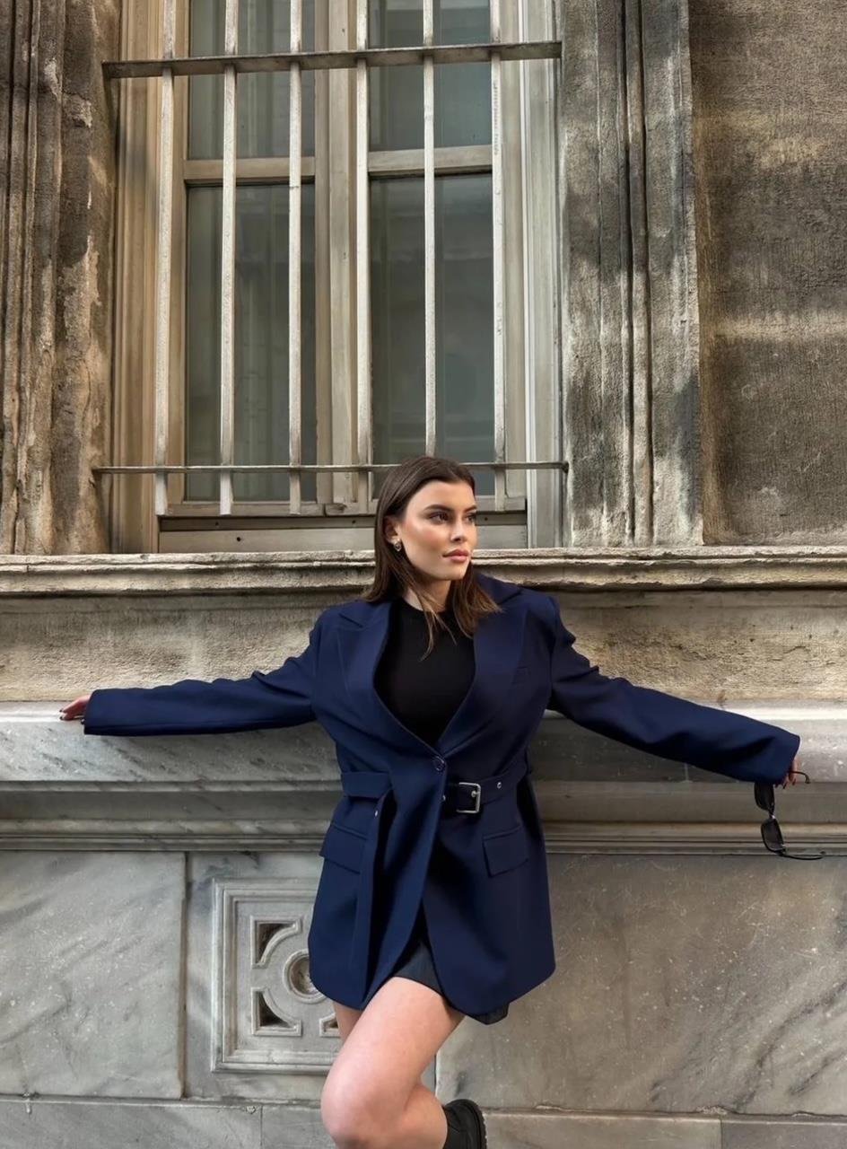 Lacivert Kemerli Blazer Ceket