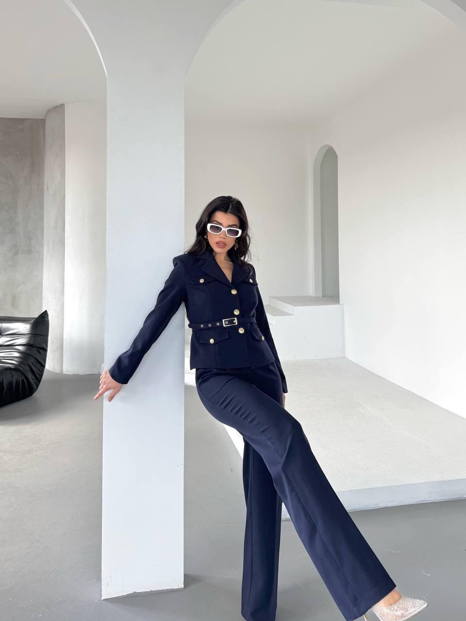 Lacivert Kemerli Ceket Pantolon Blazer Takım
