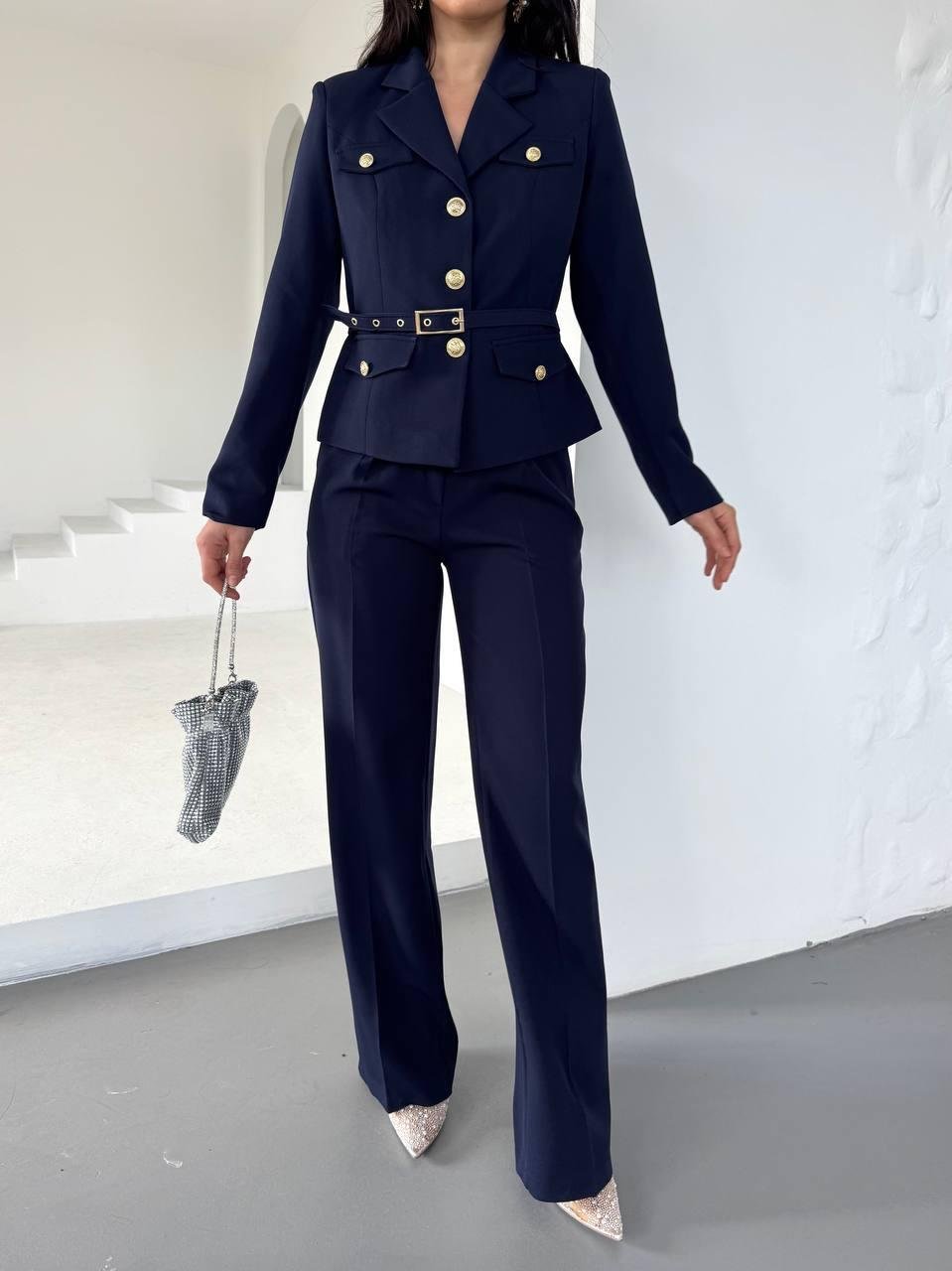 Lacivert Kemerli Ceket Pantolon Blazer Takım