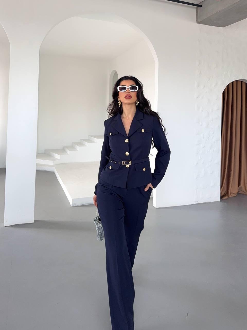 Lacivert Kemerli Ceket Pantolon Blazer Takım