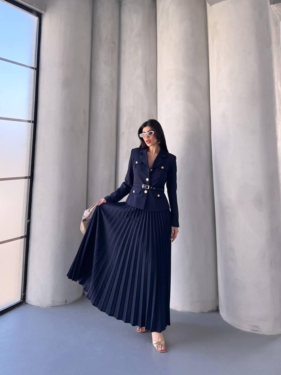 Lacivert Kemerli Pilise Etekli Blazer Takım