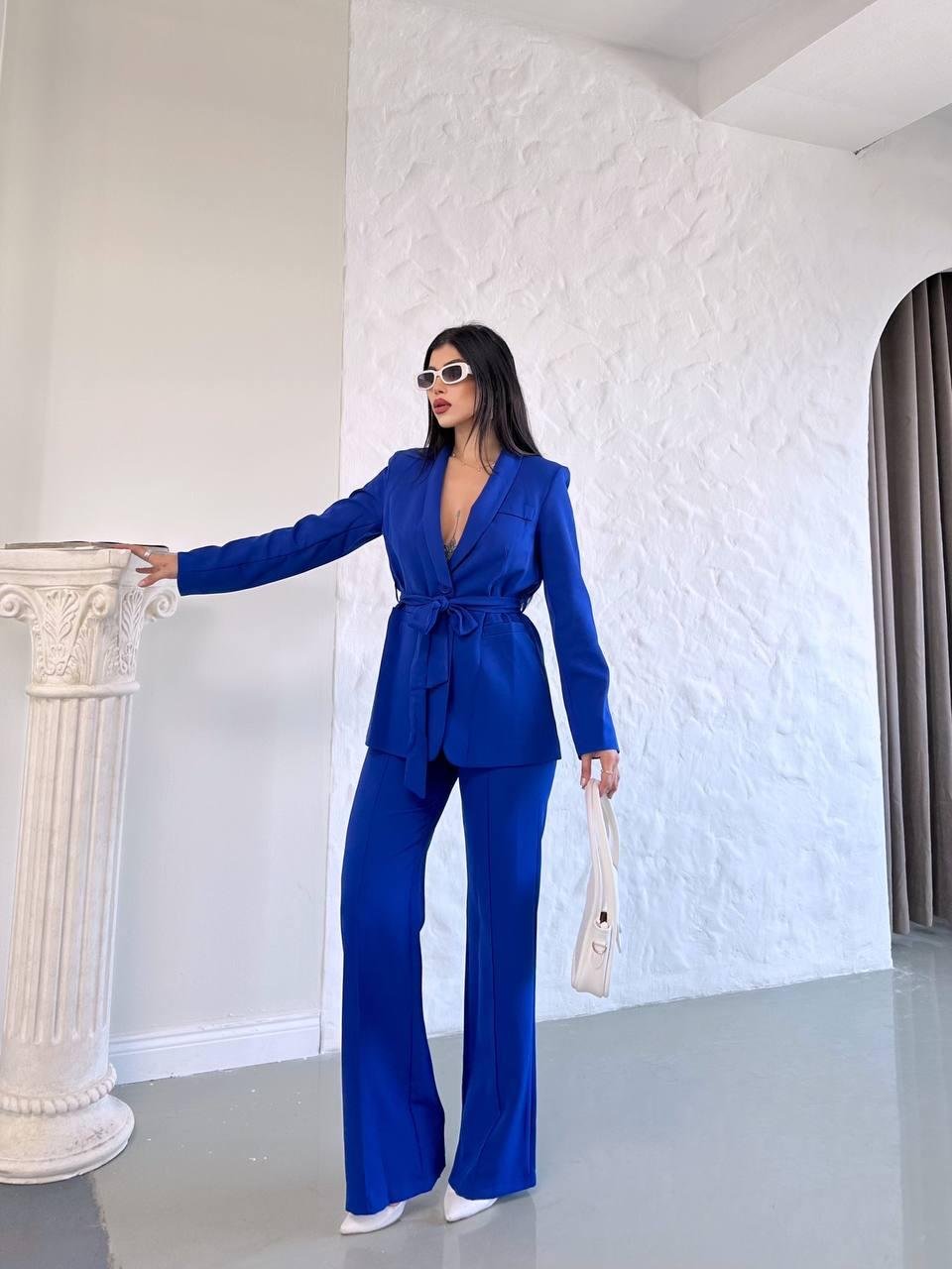Lacivert Kuşaklı Bağlamalı Ceket Pantolon Blazer Takım