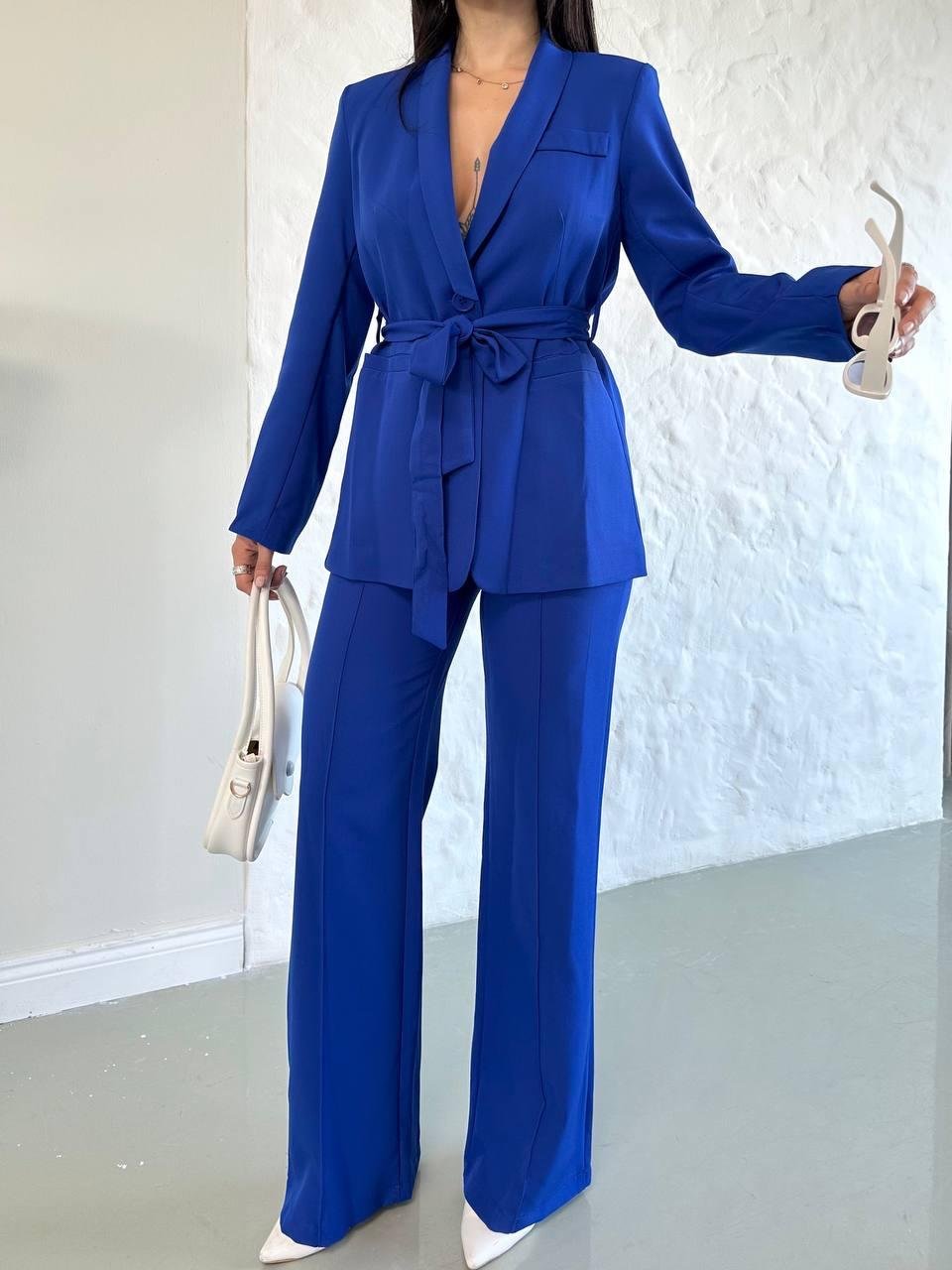 Lacivert Kuşaklı Bağlamalı Ceket Pantolon Blazer Takım
