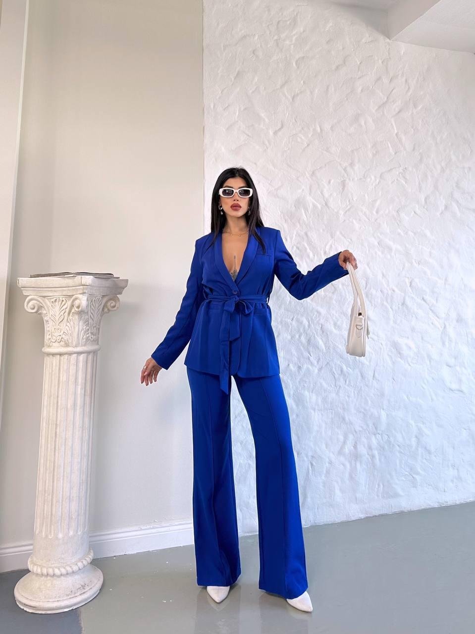 Lacivert Kuşaklı Bağlamalı Ceket Pantolon Blazer Takım