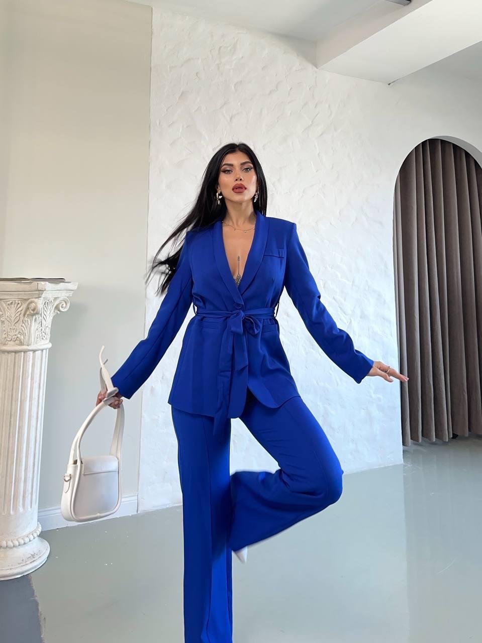 Lacivert Kuşaklı Bağlamalı Ceket Pantolon Blazer Takım