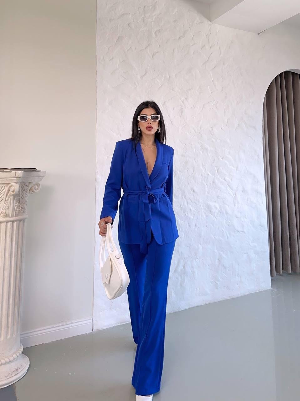 Lacivert Kuşaklı Bağlamalı Ceket Pantolon Blazer Takım