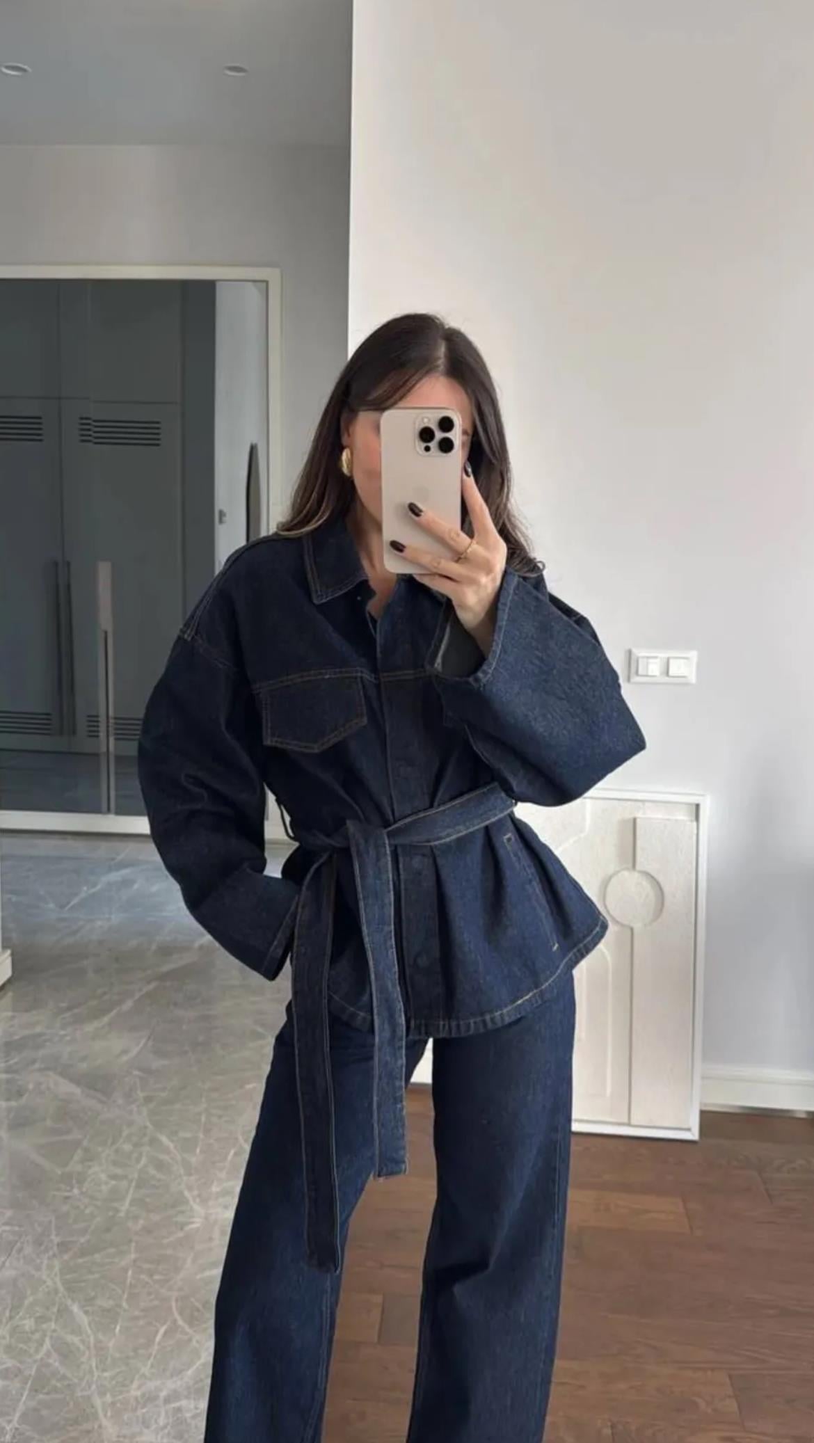 Lacivert Kuşaklı Denim Takım