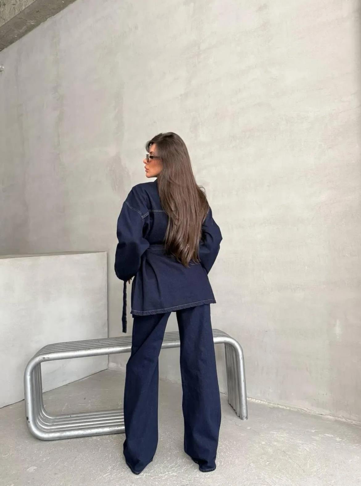 Lacivert Kuşaklı Denim Takım