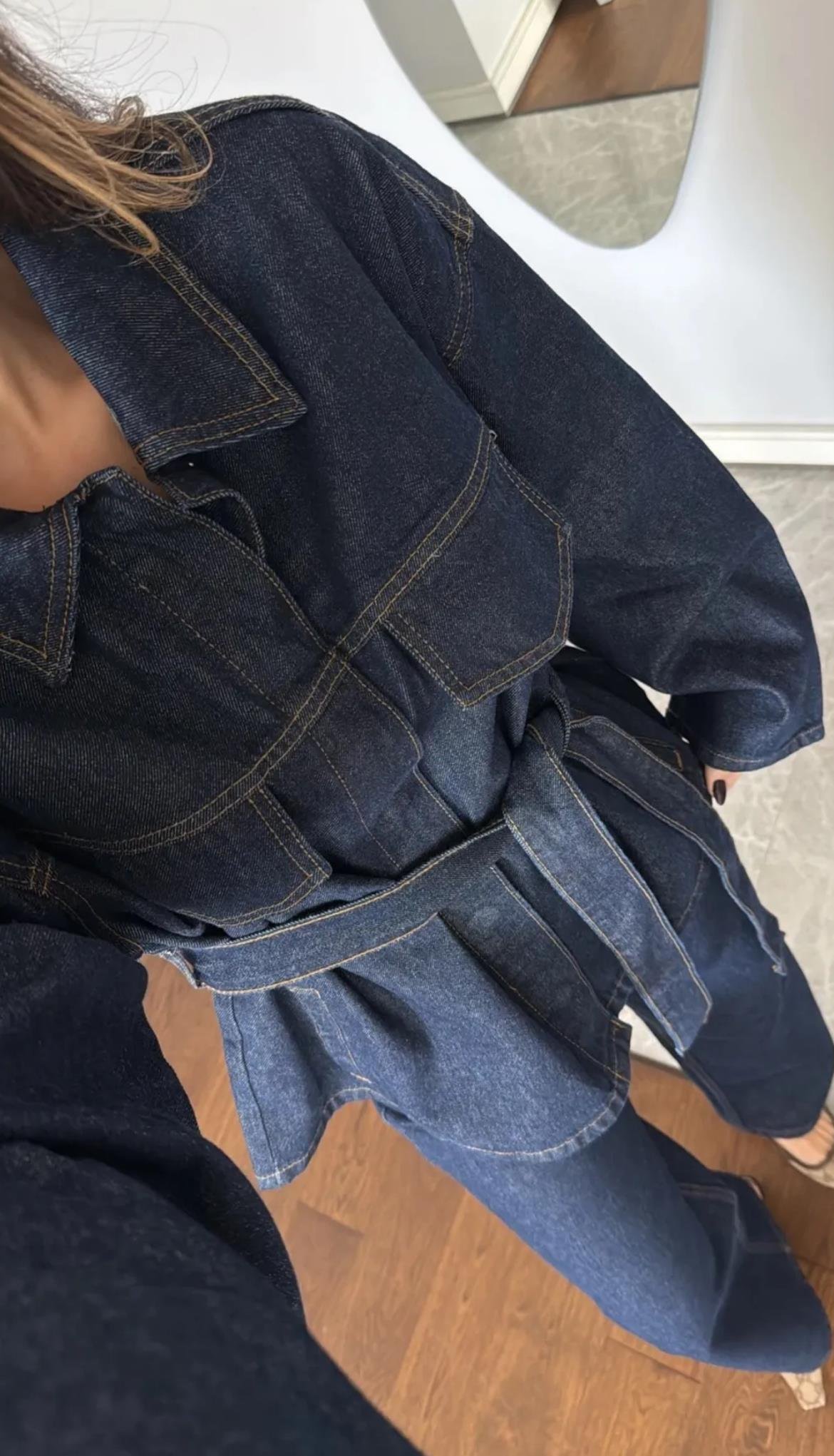 Lacivert Kuşaklı Denim Takım