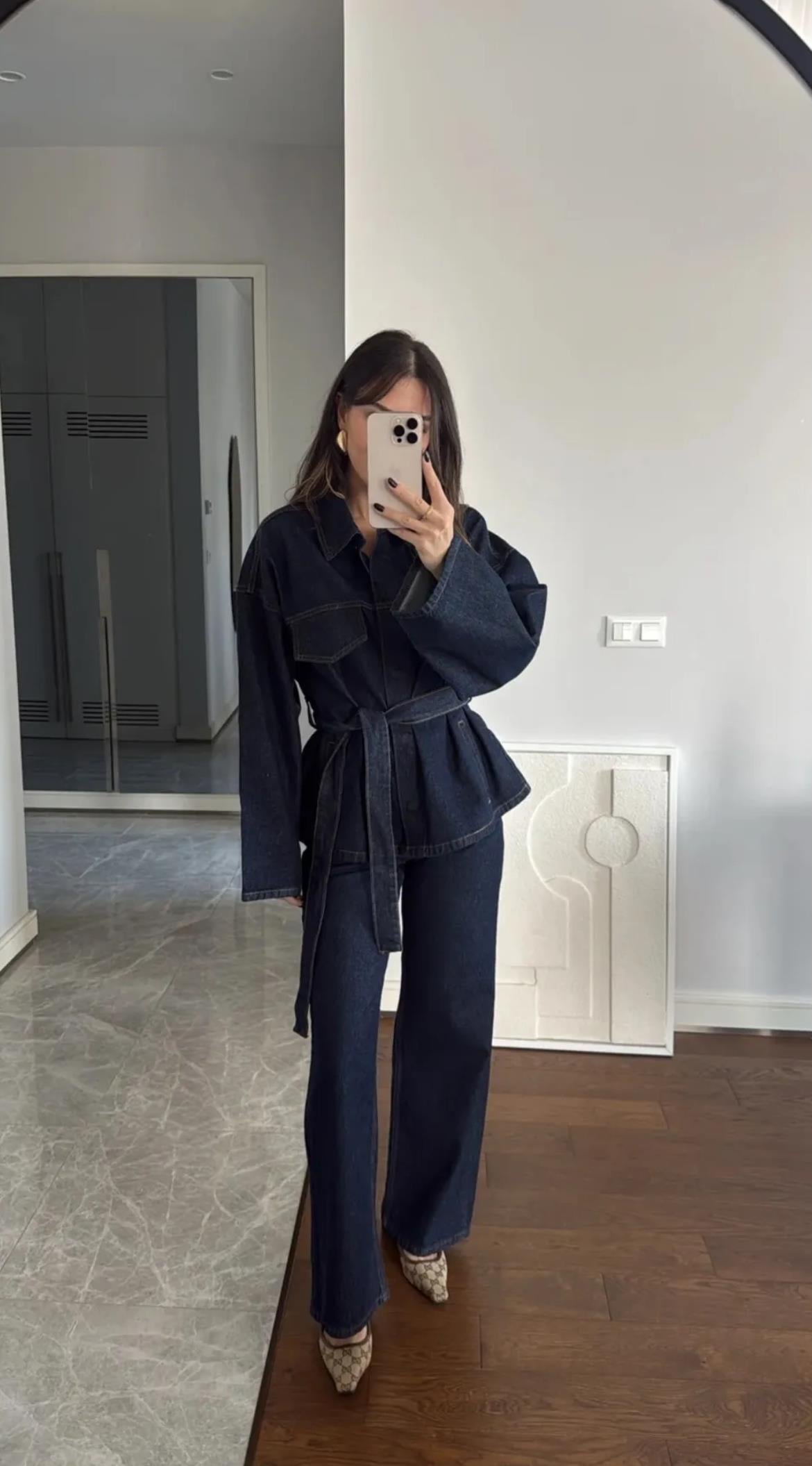 Lacivert Kuşaklı Denim Takım