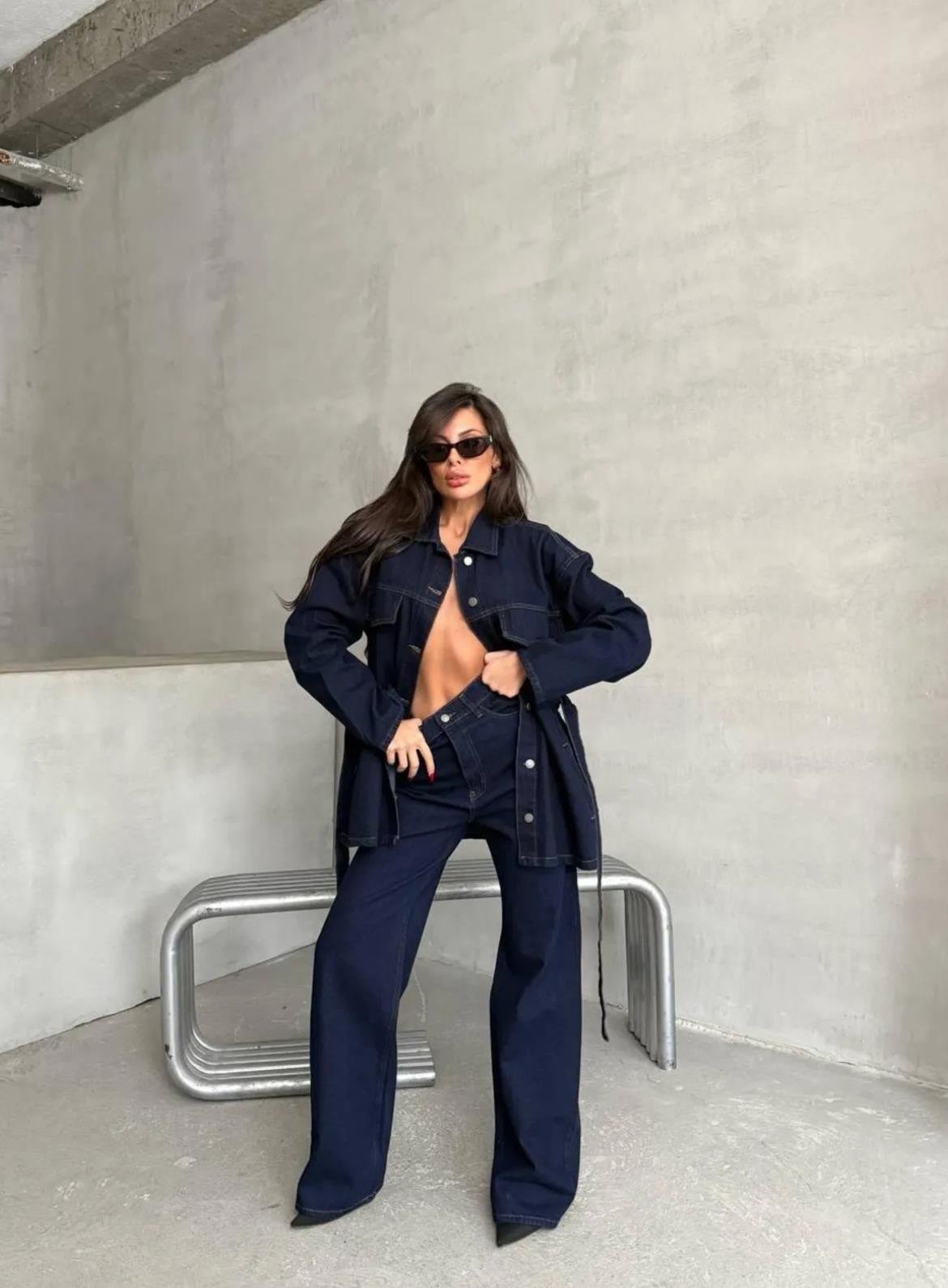 Lacivert Kuşaklı Denim Takım
